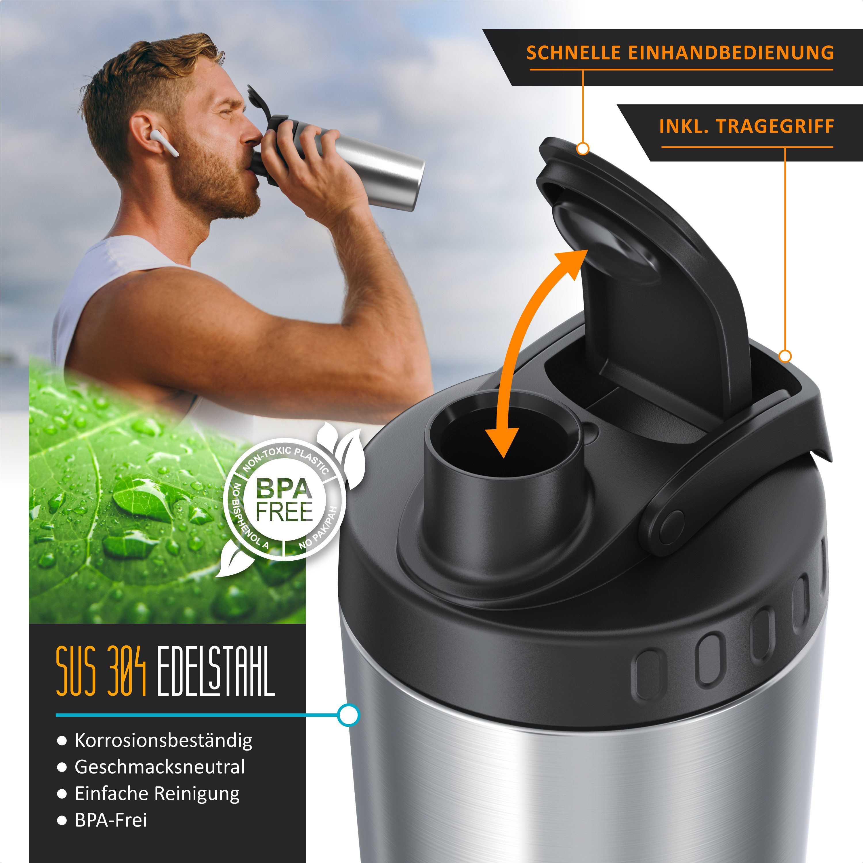 Arendo Protein Shaker Edelstahl Eiweißshaker 750 ml, verschließbar, spülmaschinengeeignet, Edelstahl, Mixbecher, Tragegriff, BPA-frei, für unterwegs, Yoga, Finess, Sport