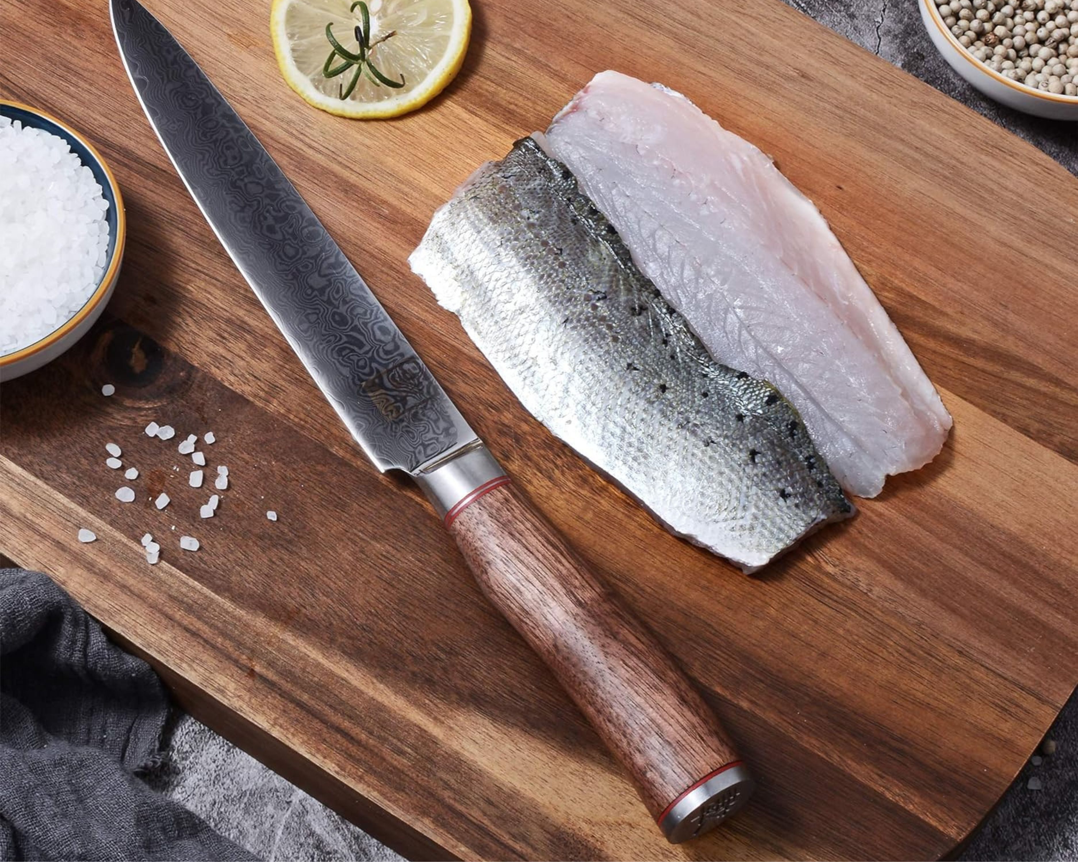 ZAYIKO Fleischmesser Kurumi Damast Tranchiermesser Küchenmesser 20cm Klinge Nussbaumgriff, aus 67 Lagen Damaststahl