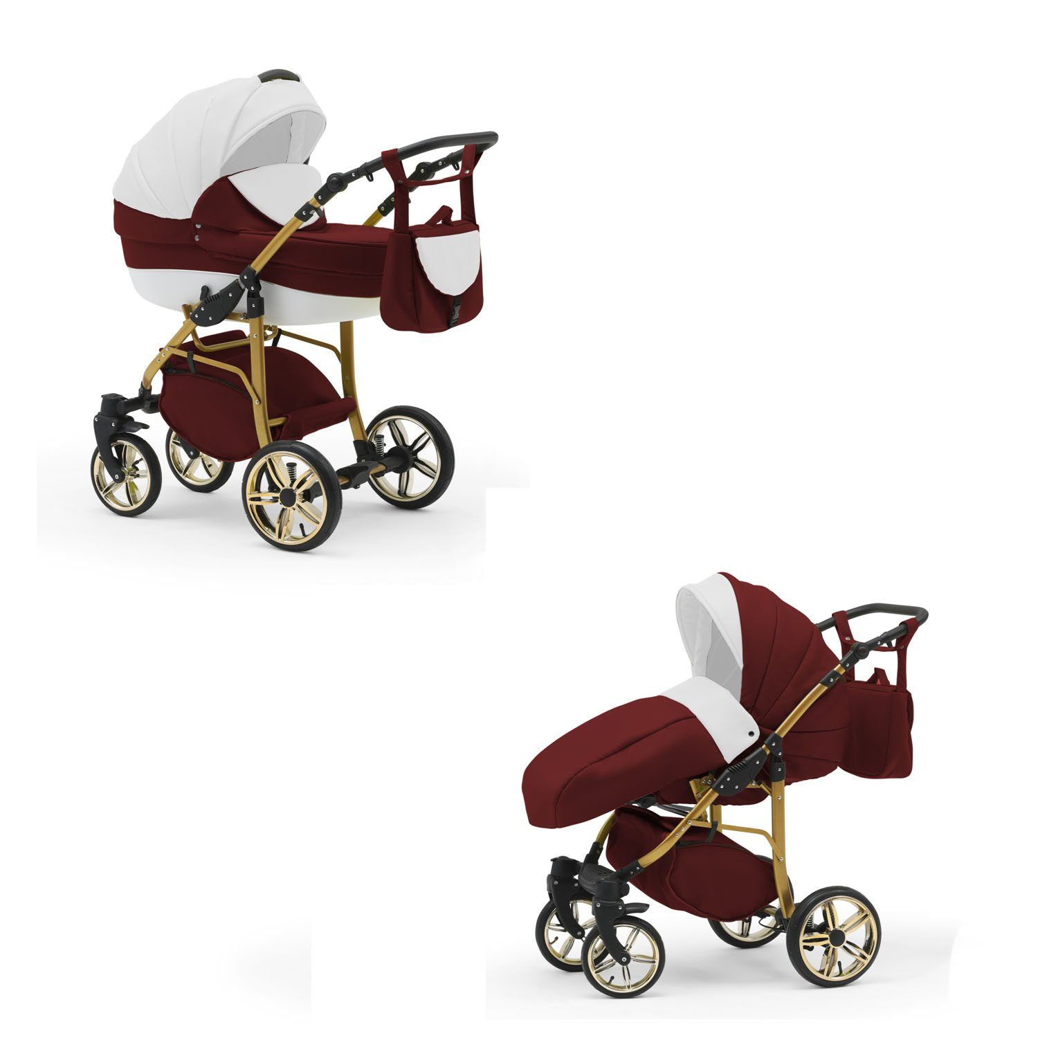 Kinderwagen-Set Cosmo Weiß-Bordeaux-Weiß Gold Teile ECO in - 46 13 Kombi-Kinderwagen 1 - 2 babies-on-wheels in Farben