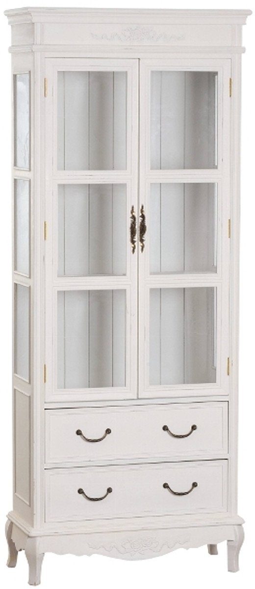 Casa Padrino Vitrine Landhausstil Vitrinenschrank Antik Weiß 70 x 31 x H. 177 cm - Handgefertigte Shabby Chic Vitrine mit 2 Glastüren und 2 Schubladen