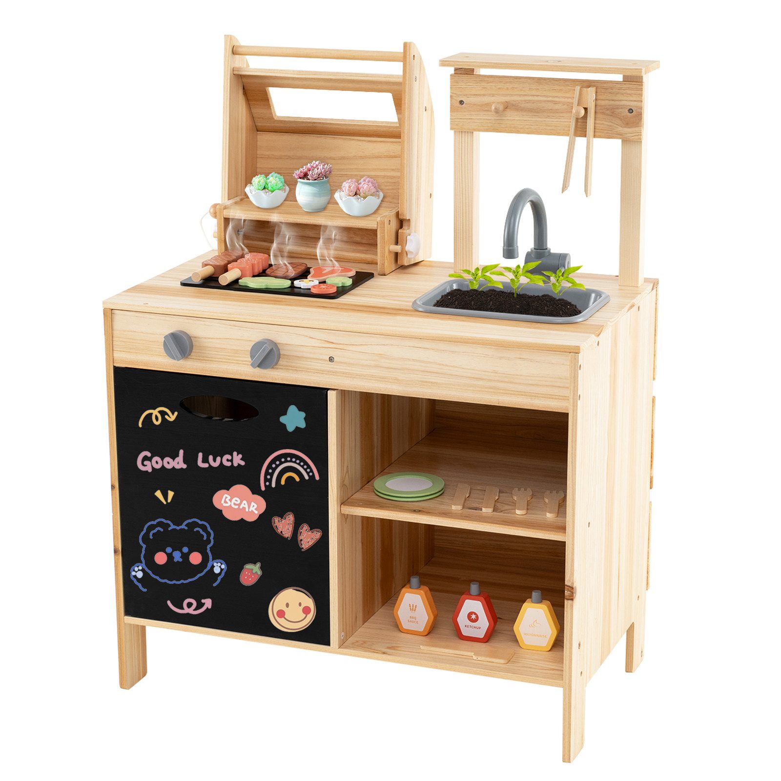 COSTWAY Outdoor-Spielküche Holz, Kinder-Grill BBQ, Outdoor Spielgrill, Holz