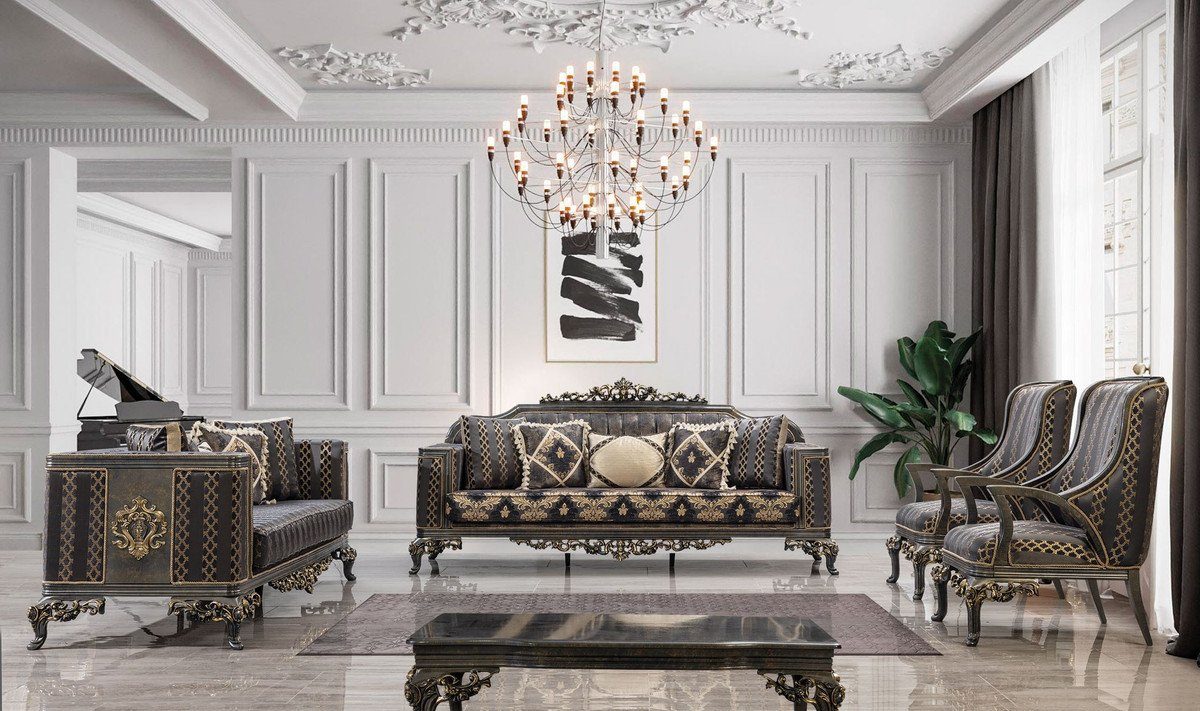 Casa Padrino Sofa Casa Padrino / Sofa - Sofa mit Lila Barock Barockstil Muster Grau Gold Luxus elegantem / Wohnzimmer