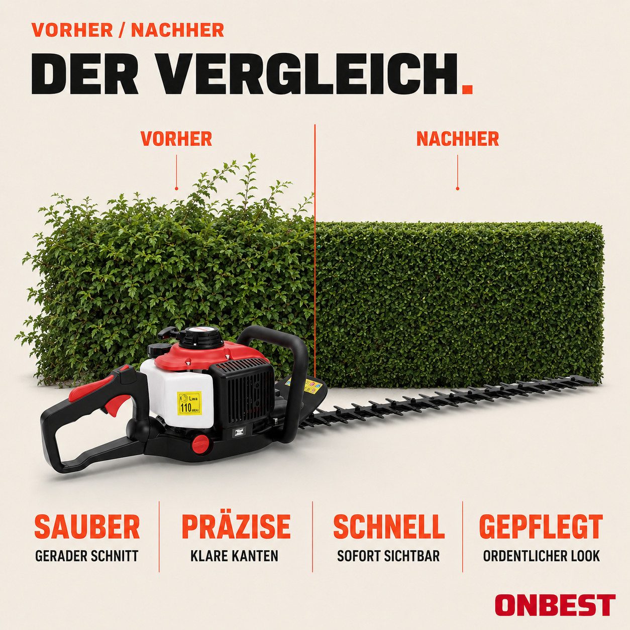 Onbest Benzin-Heckenschere HT6275 mit Laser CUT, 68 cm Schwertlänge, 0,75 kW / 1 PS, 26 mm Schnittkapazität, 5,5 kg