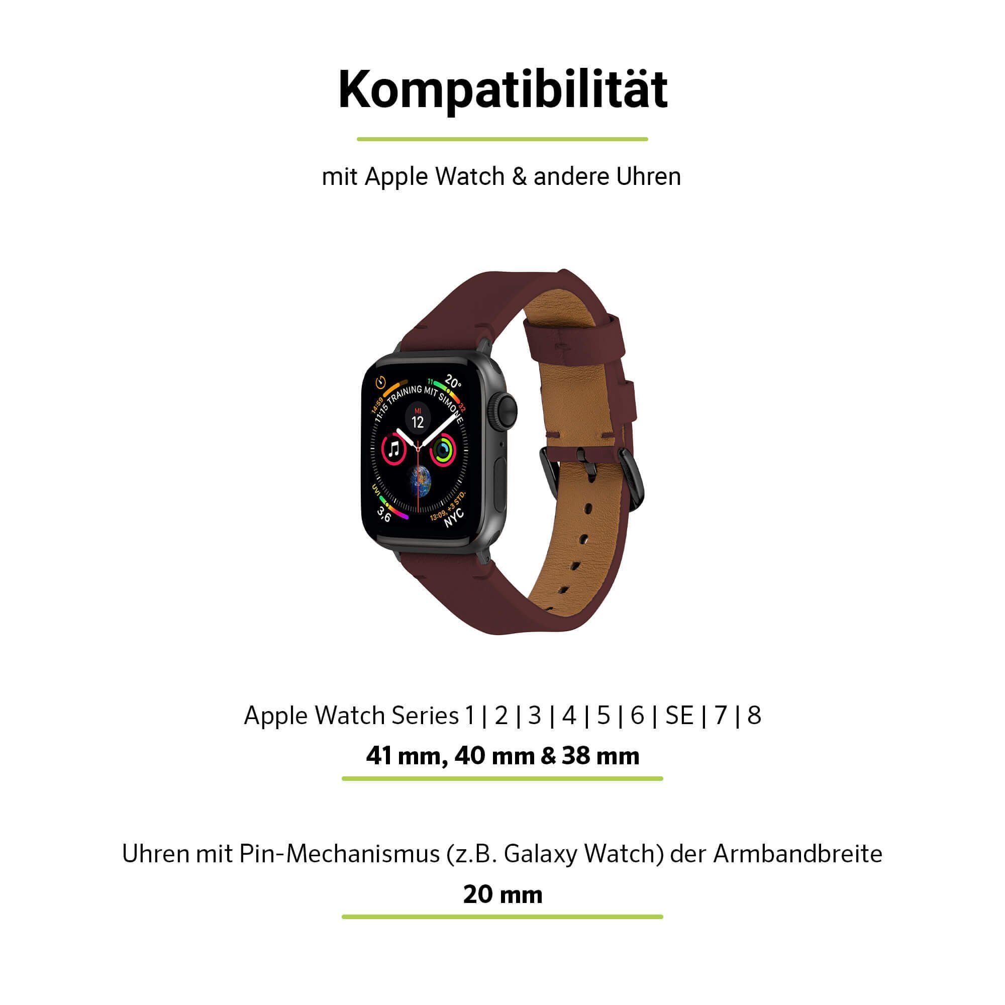 Watch (41mm), Apple Smartwatch-Armband (40mm), Artwizz 6-4 (38mm) SE & 9-7 Adapter, Series Leather, WatchBand 3-1 Leder mit Armband Braun,