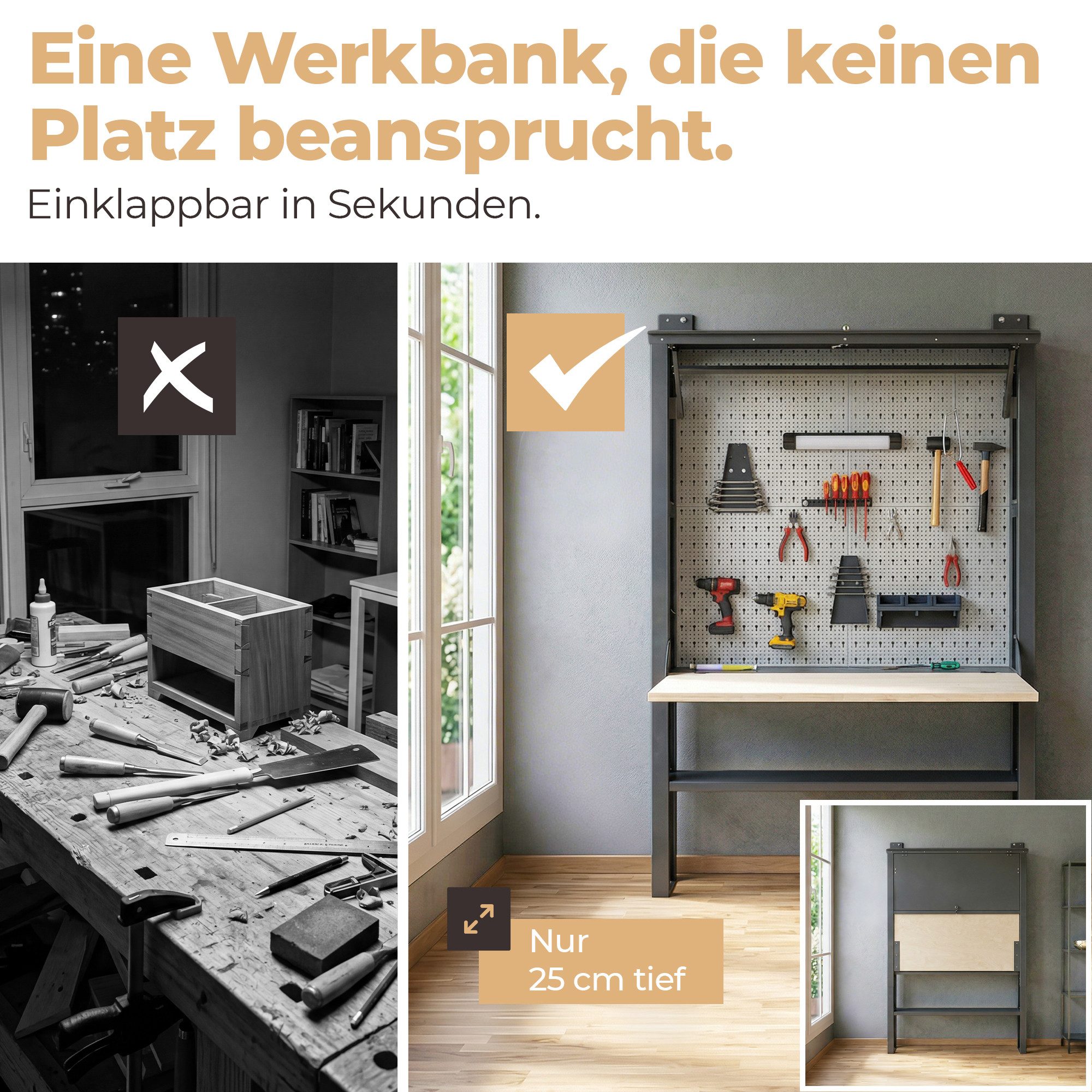 sortiQ Werkbank Werkbank für Werkstatt [abschließbar] 75kg Tragkraft, klappbar