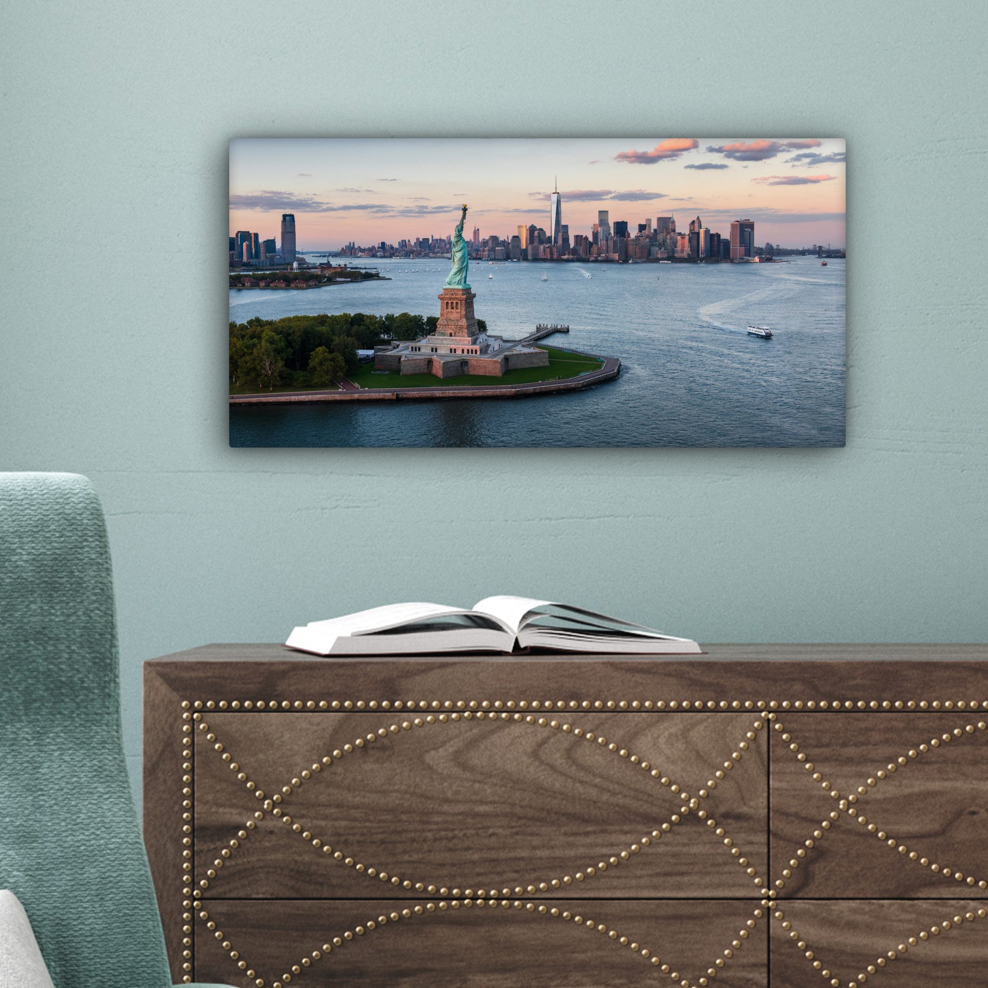 OneMillionCanvasses® Leinwandbild Panorama New York - Freiheitsstatue - Skyline, Fotodruck (1 St), Wandbild, Deko Schlafzimmer Wohnzimmer Flur 40x20 cm – Bild 5 von 5