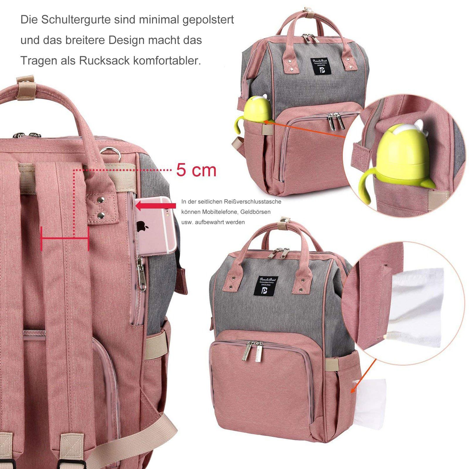 OKWISH Wickelrucksack Wickeltasche wasserabweisend Multifunktions-Babytaschen (Windeln Babyflasche Milchfläsche Rucksack Tasche mit Flaschenhalter, für Mama und Papa unterwegs), mit tragbarer mobiler Wickelauflage Schnullerhalter Kinderwagengurte