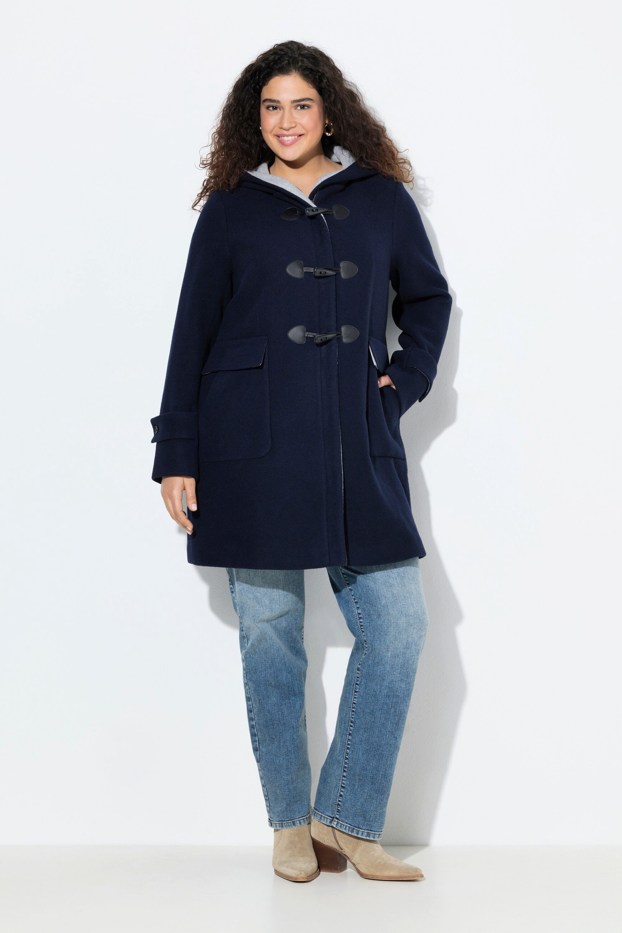 Ulla Popken Wintermantel Dufflecoat A-Linie Wollmischung Kapuze günstig online kaufen