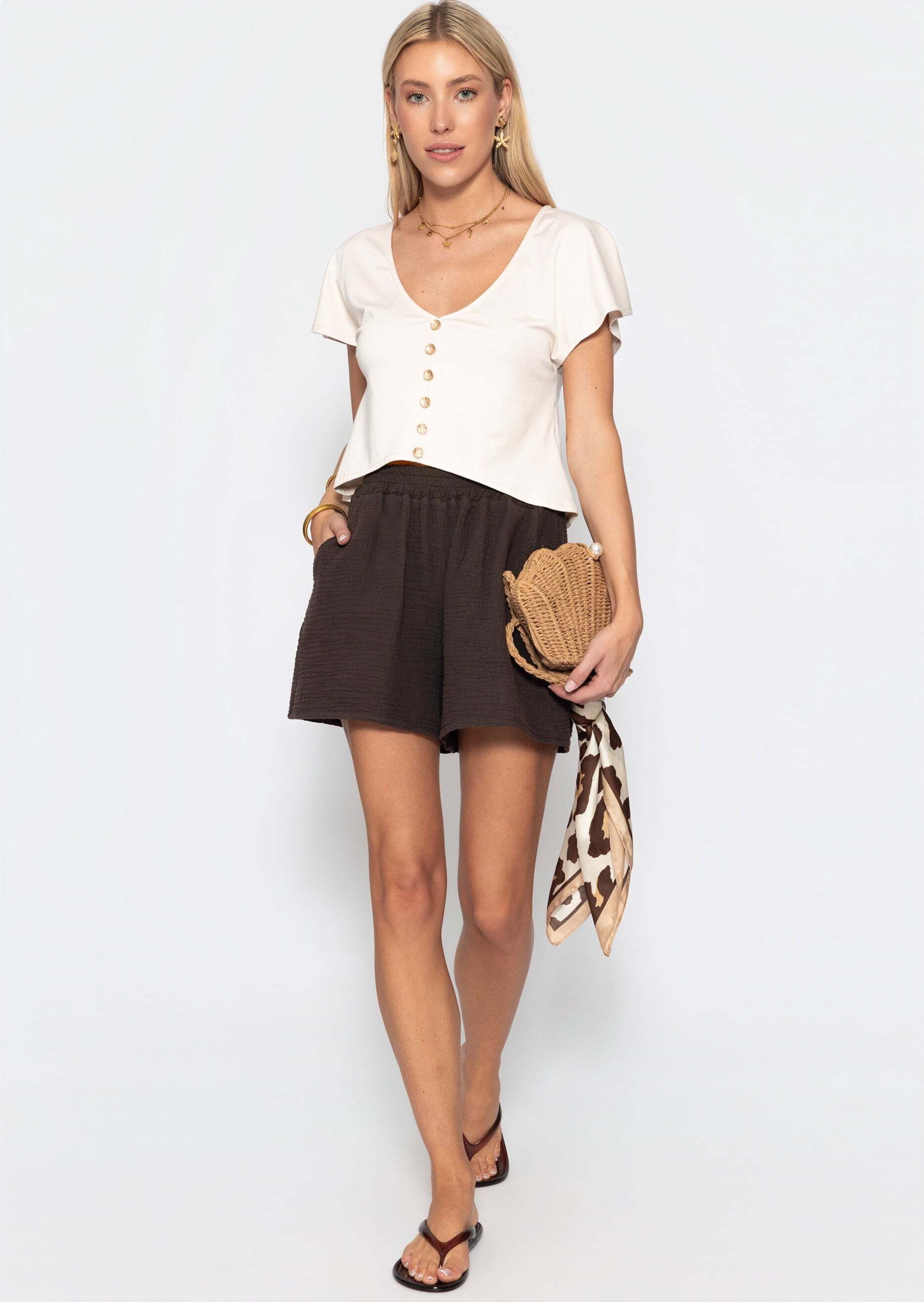 SASSYCLASSY Shorts Musselin Shorts für Damen Weiche High-Waist Baumwollshorts mit Gummibund und Eingriffstaschen