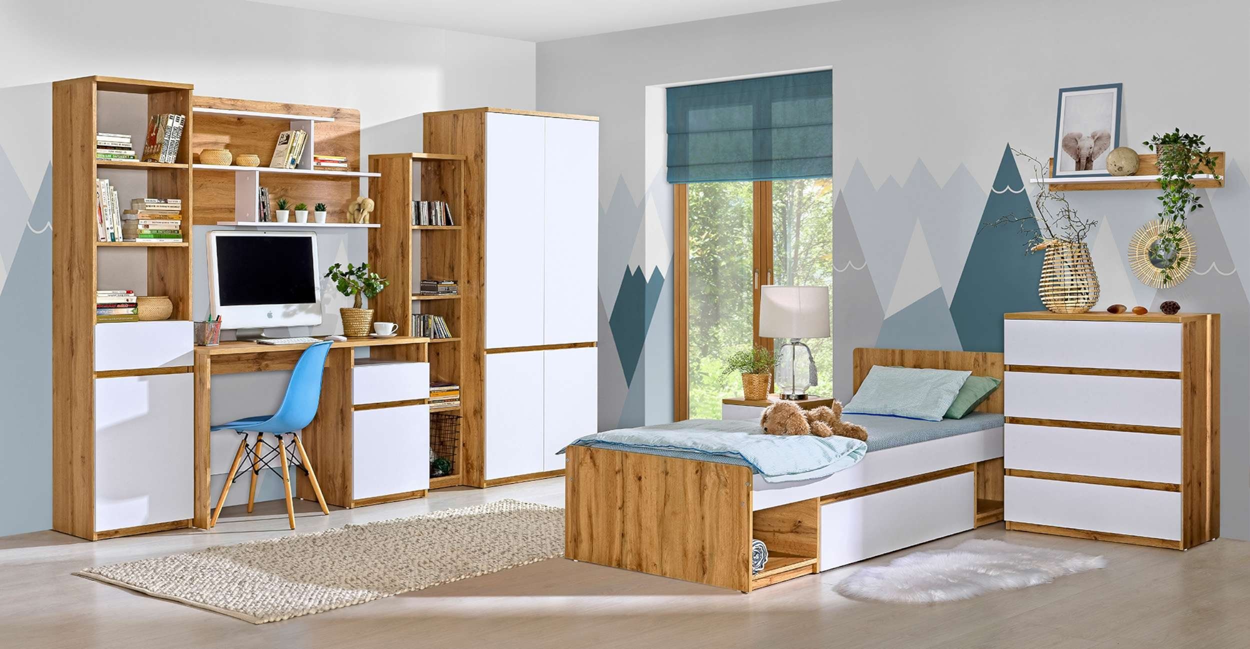 Fächern, Stylefy Arcola Design, 90x200 Jugend - Bett), Jugendbett und Schublade (Schlafzimmerbett, Eiche mit cm, Modern Wotan für 2 Spanplatte, Weiß