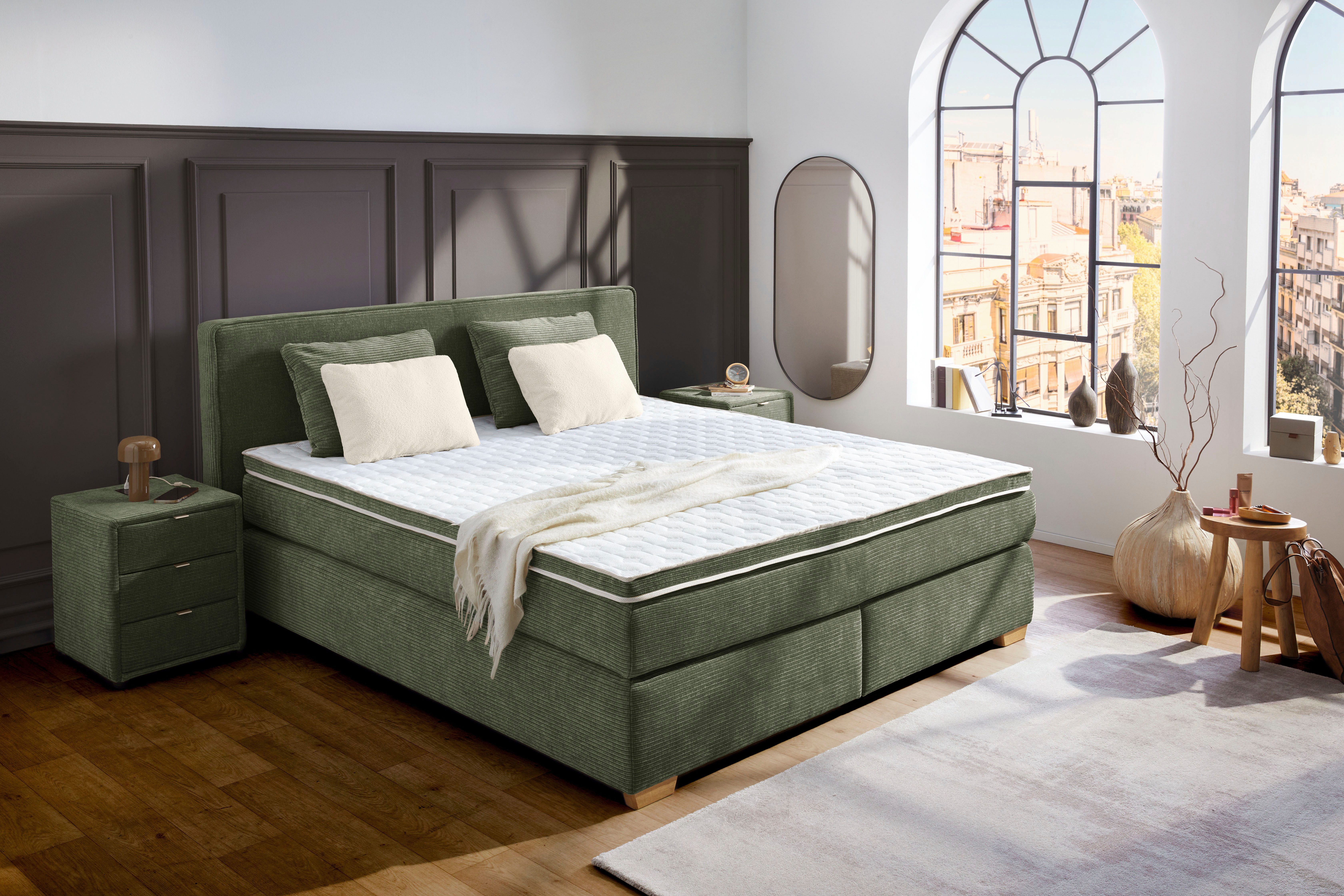 Jockenhöfer Gruppe Boxspringbett RONJA, inkl. 7-Zonen-TTFK-Matratze H3/H4, mit Kaltschaumtopper. 4 Kissen, Cordstoff, 180x200 cm