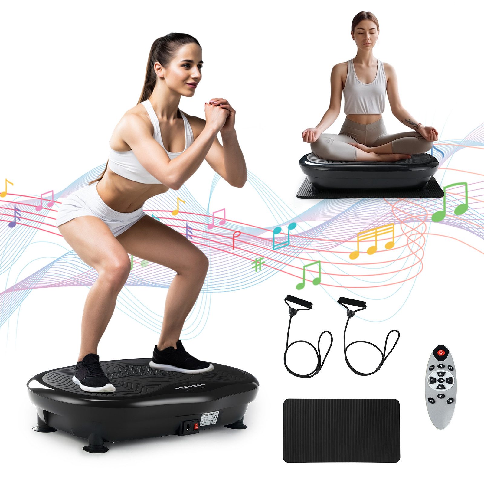 oyajia Vibrationsplatte Vibrationsplatte für Ganzkörpertraining mit Bluetooth-Musik, Yogamatte, 200 W, 120 Intensitätsstufen, Vibrationstrainer mit Timer,Fernbedienung,Trainingsbänder,LCD-Display