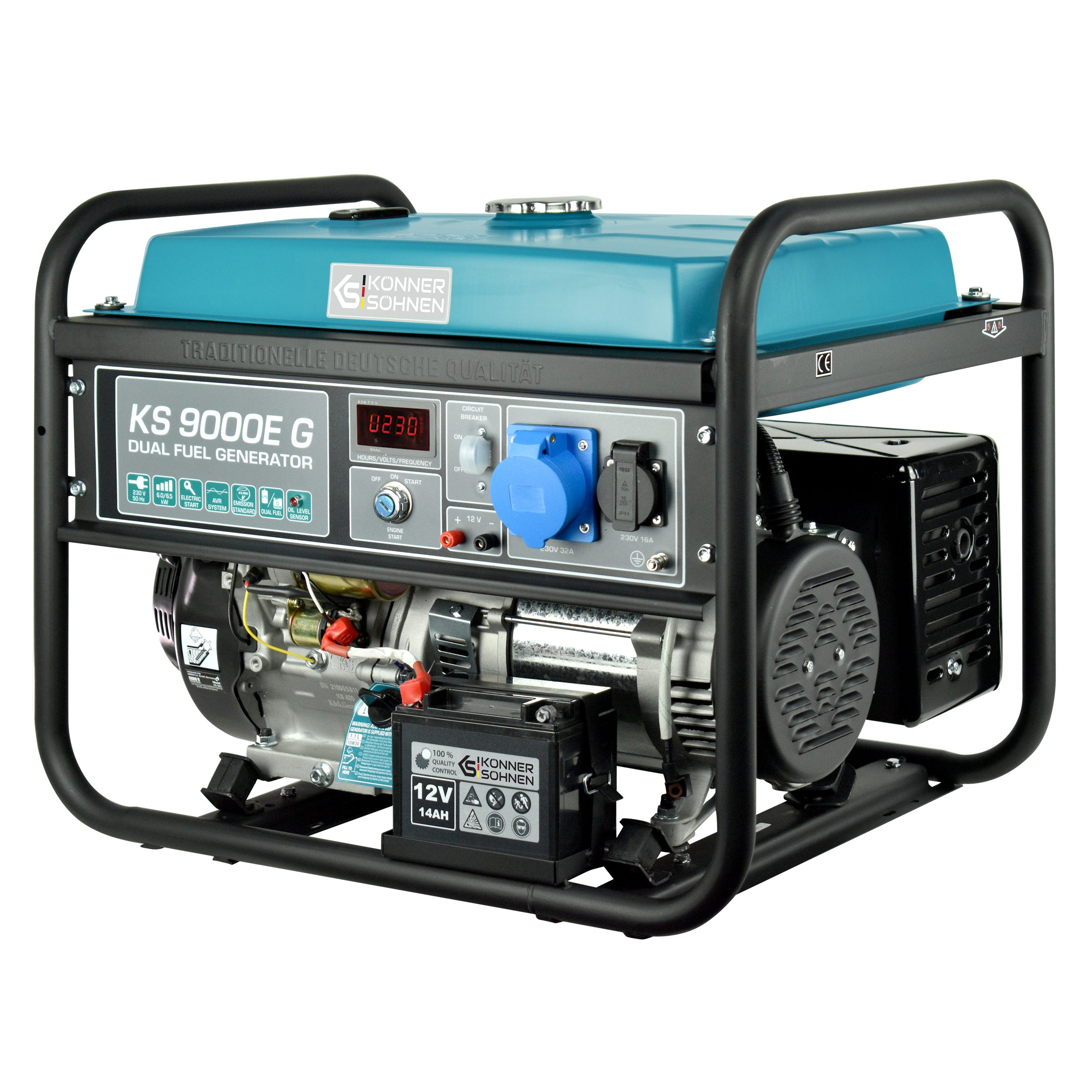 Könner & Söhnen Stromerzeuger KS 9000E G, 6,50 in kW, (Hybrid-Generator (LPG/Benzin) mit E-Start, 6.5 kW, 1-tlg., Hohe Leistung, 25L Tank, 15 Std. Laufzeit, 32A CEE-Dose), DUAL FUEL, E-Start, 32A Steckdose, 100% Kupfer, 16 PS