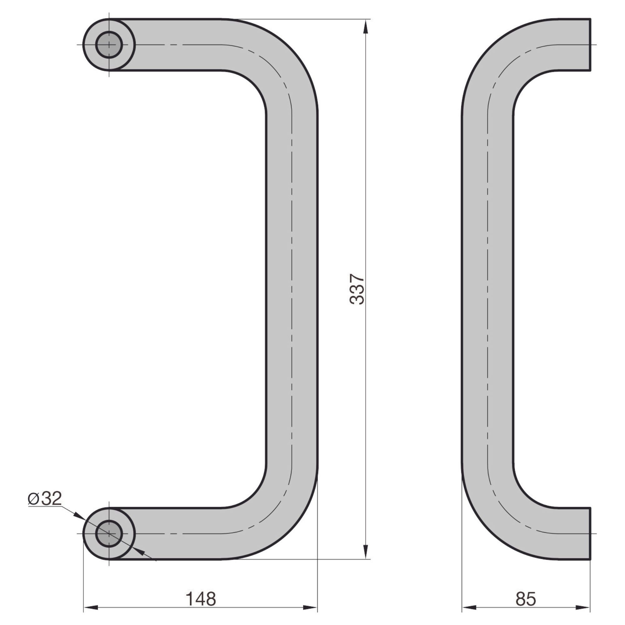 BASI Türbeschlag Halbrund (Packung), Edelstahl, U-Form gekröpft, Achse 300 mm, für Hauseingangstüren