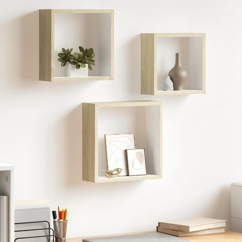 furnicato Regalwürfel Wand-Würfelregal Set 3er Weiß Sonoma-Eiche 30x10x30 cm, 27x10x27 cm, Stabile Wandboard-Boxen mit unsichtbarem System für Wohnräume