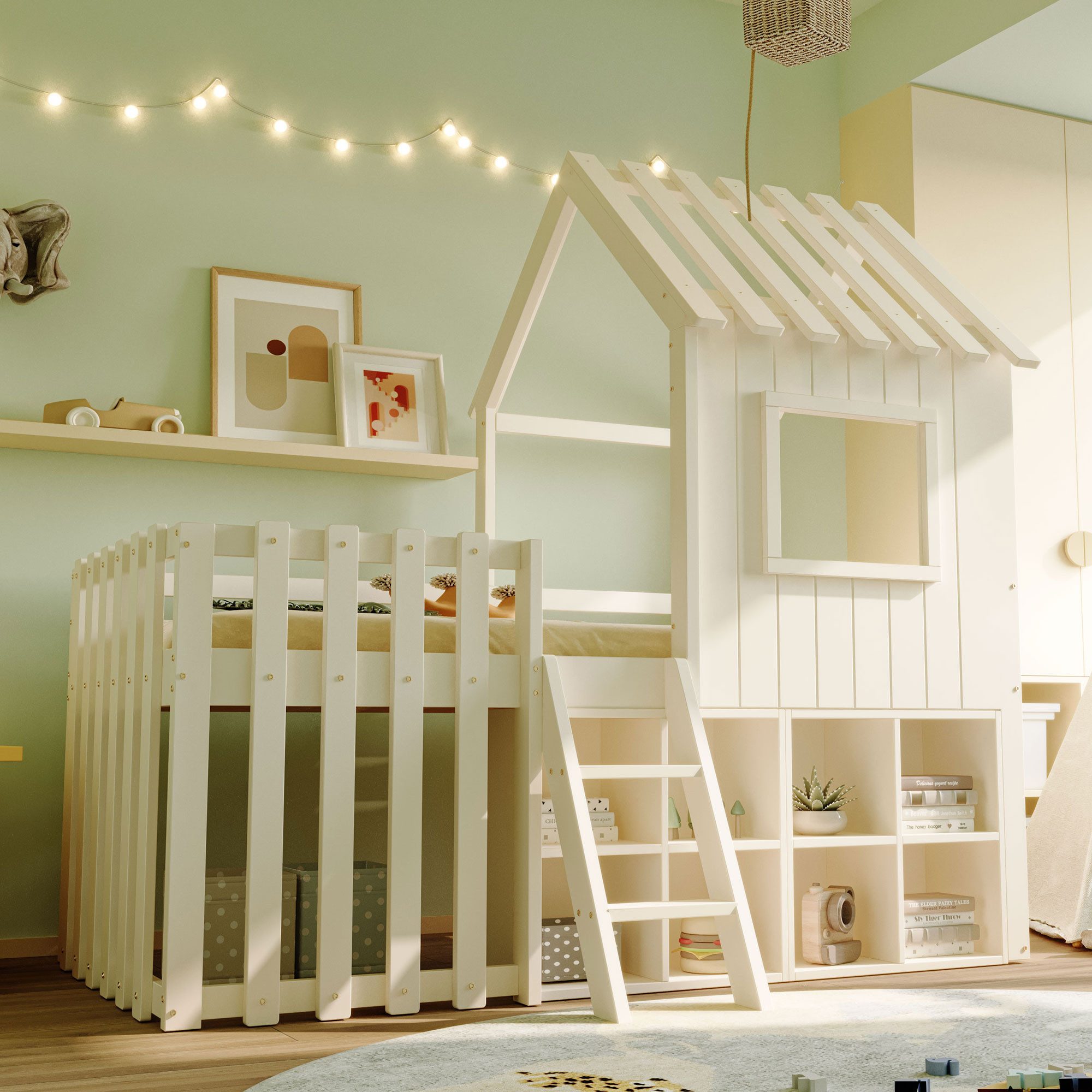 Flieks Hochbett Kinderbett Hausbett 90x200cm mit günstig online kaufen
