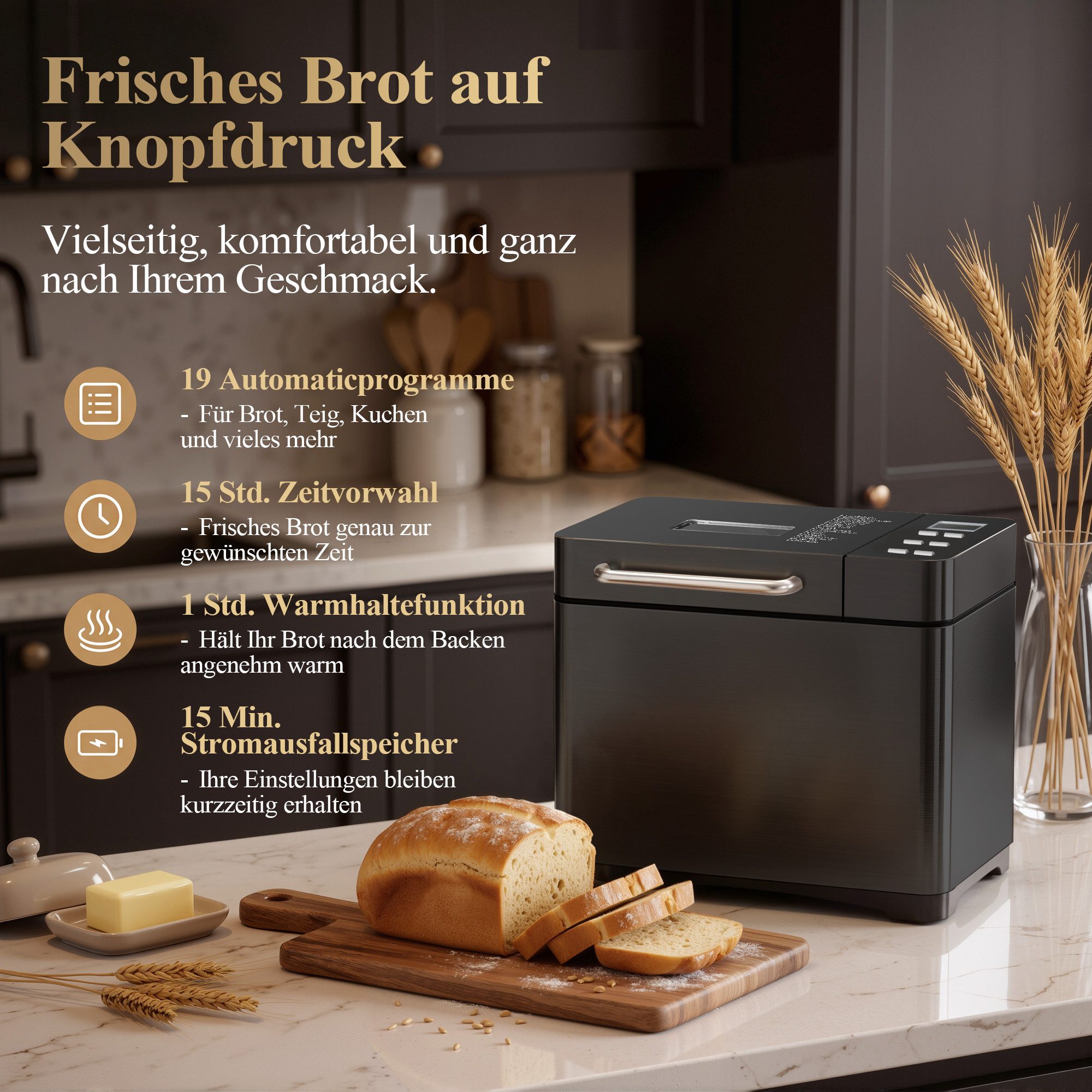 Furnicopia Brotbackautomat 19-in-1 Brotbackautomat, 1kg, Edelstahl, Timer, automatische Beigabe, 19 Programme, 710 W, 19 Programme, 3 Krustenfarben 3 GroBen,Ker – Bild 3 von 5