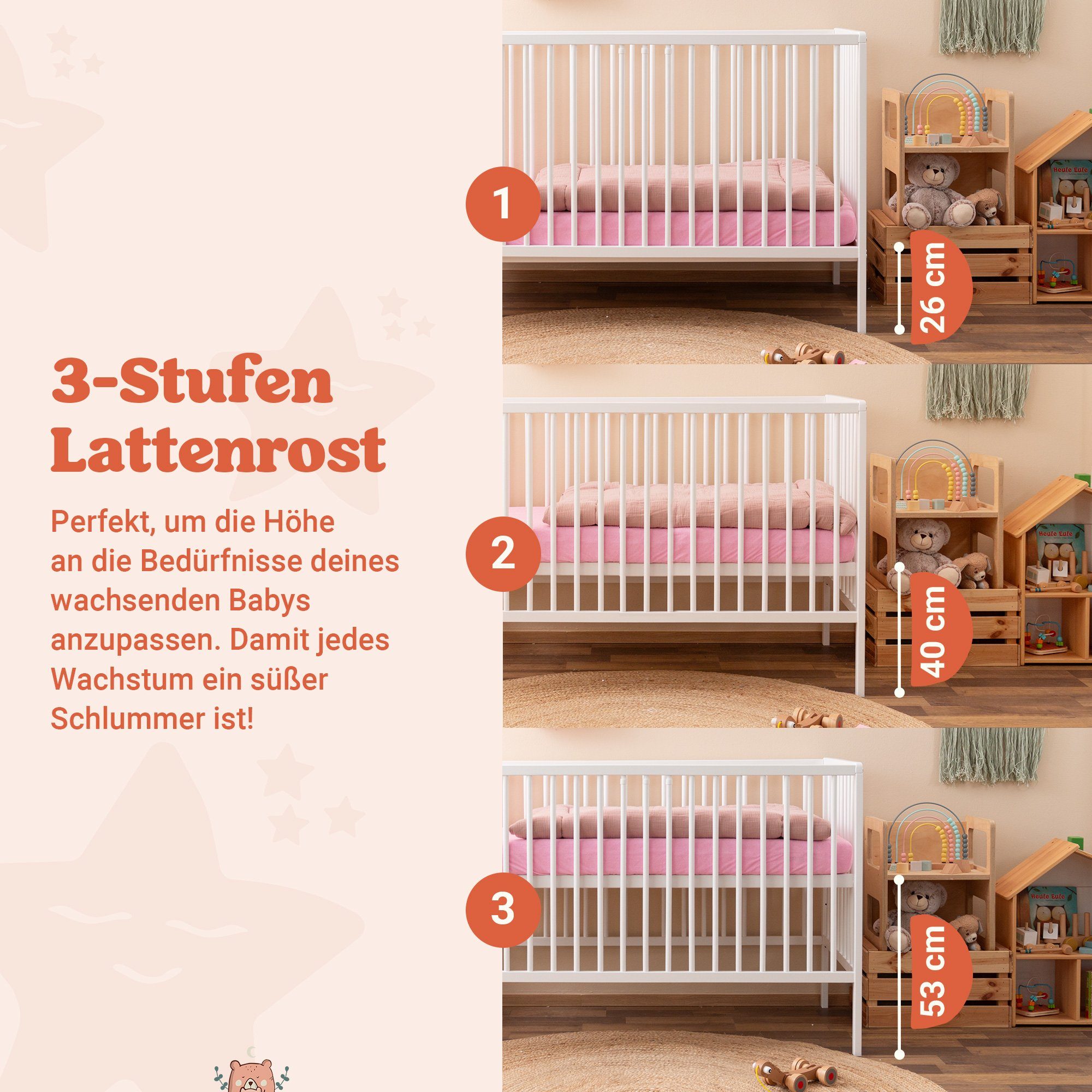 Alcube Babybett - ohne I mit FINN Nachhaltig mit höhenverstellbar Babybett Buche Lattenrost Schublade und umbaubar Weiß FSC®-Zertifikat, aus 60x120