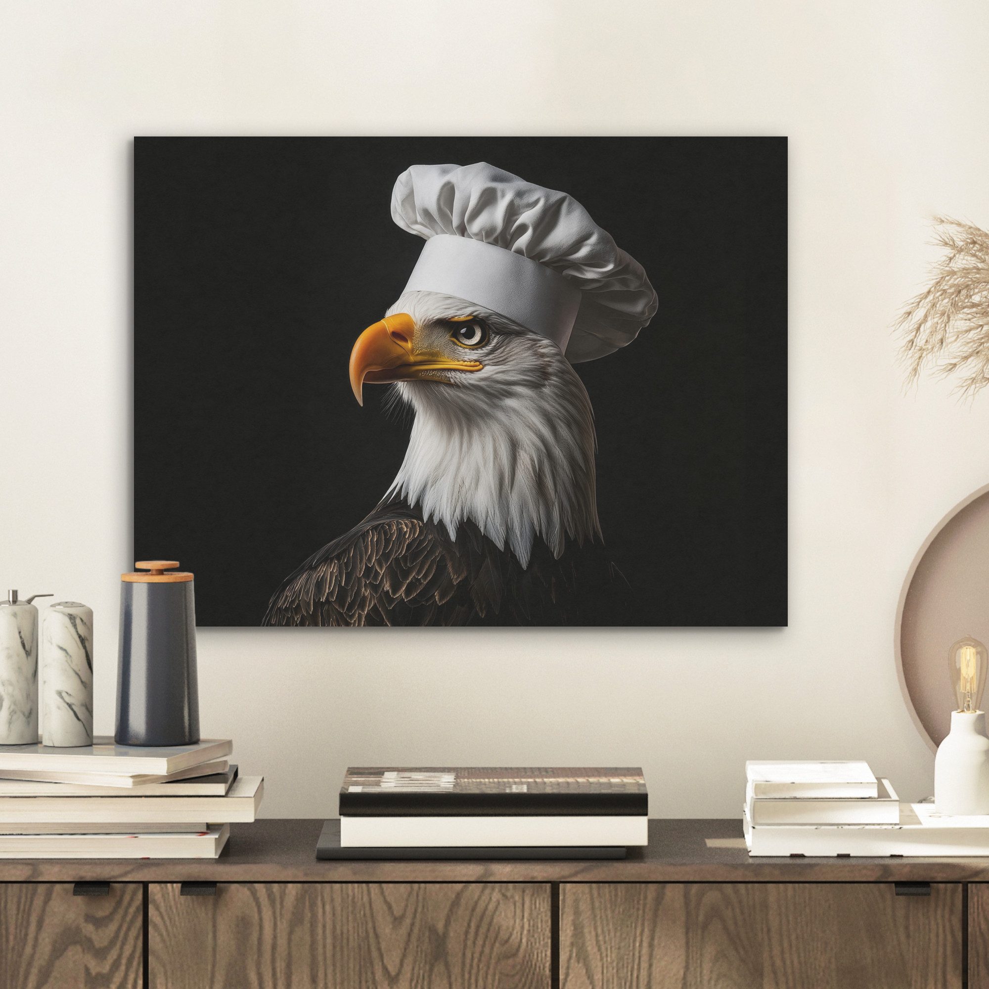 MuchoWow Gemälde Adler - Amerika - Kochmütze - Vogel - Cool - Küche, Fotodruck (1 St), Akustikpaneele PET-Filz, Akustikbild, Schalldämmung, Deko 40x30 cm