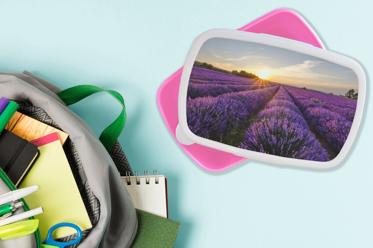 Kunststoff - (2-tlg), MuchoWow Brotbox Snackbox, Lavendel Sonnenuntergang Kinder, Brotdose rosa - Lila, Kunststoff, - Lunchbox für Mädchen, Erwachsene, Blumen