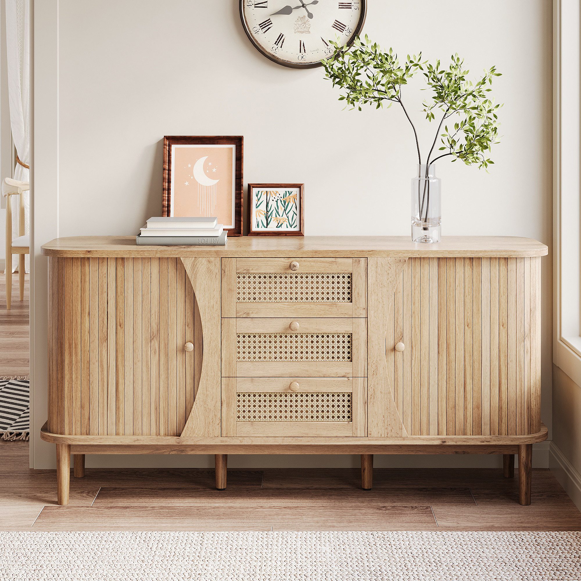 Merax Sideboard in Holzoptik mit Rattanschubladen (Anrichte Buffetschrank 1 günstig online kaufen