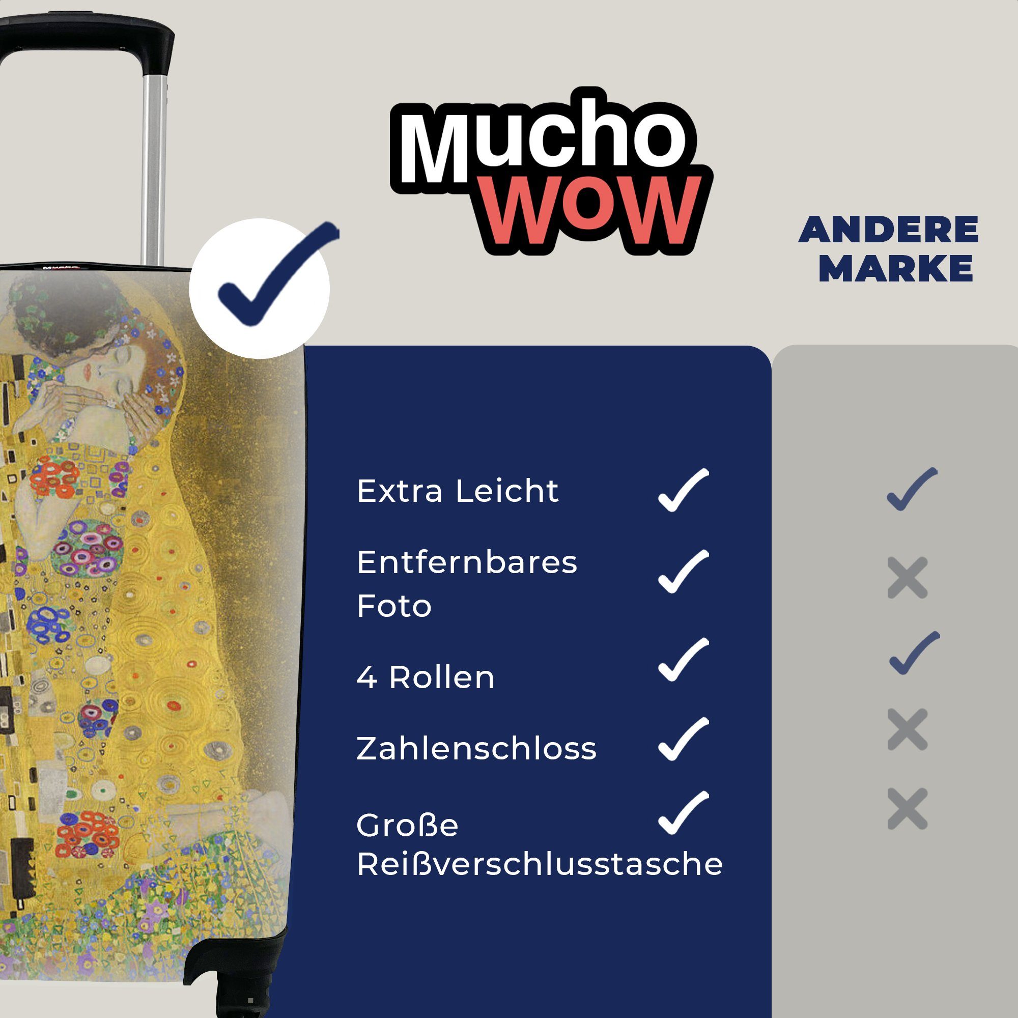 Kuss - MuchoWow Reisekoffer Rollen, Ferien, Handgepäck Handgepäckkoffer für Gustav 4 Reisetasche mit Klimt, Der Trolley, rollen,