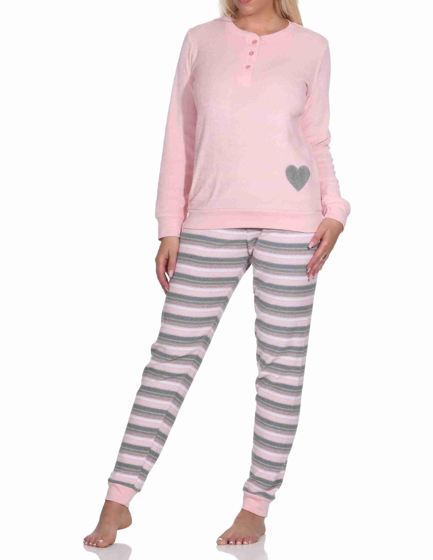 Normann Pyjama Wunderschöner Damen Frottee Schlafanzug mit Bündchen und Herz-Motiv – Bild 2 von 5