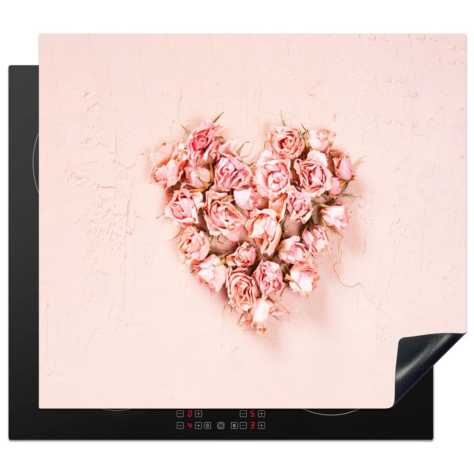 MuchoWow Herdblende-/Abdeckplatte Herz - Blumen - Rosa, Vinyl, (1 tlg), 59x51 cm, Induktionsschutz, Induktionskochfeld, Ceranfeldabdeckung