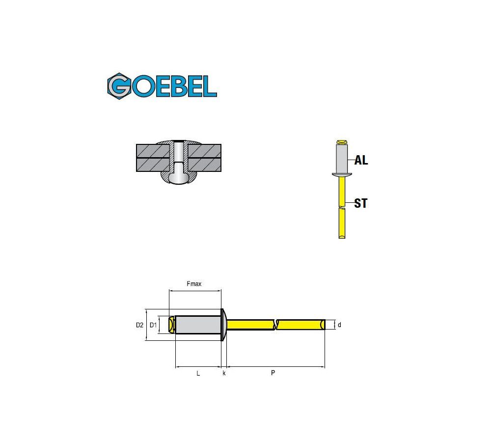 GOEBEL GmbH Blindniete 7070150200, Flachkopf x / STANDARD Popniete), mm, Stahl - 250 Flachkopf Aluminium St., - - 5,0 (250x 20,0 ISO15977 Niete
