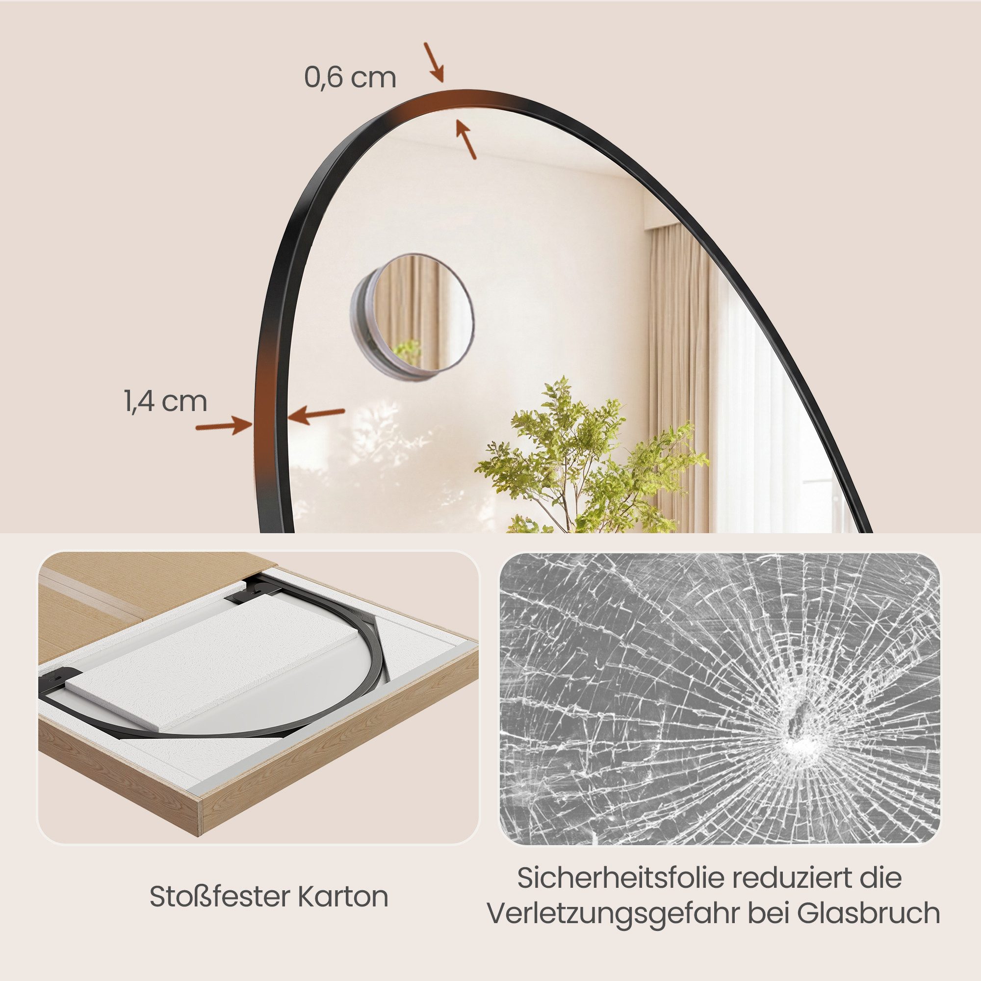 SONGMICS Standspiegel Ganzkörperspiege, mit saughaftem, verschiebbarem Vergrößerungsspiegel, stehend oder wandmontiert, Rahmen aus Aluminiumlegierung, Hartglas