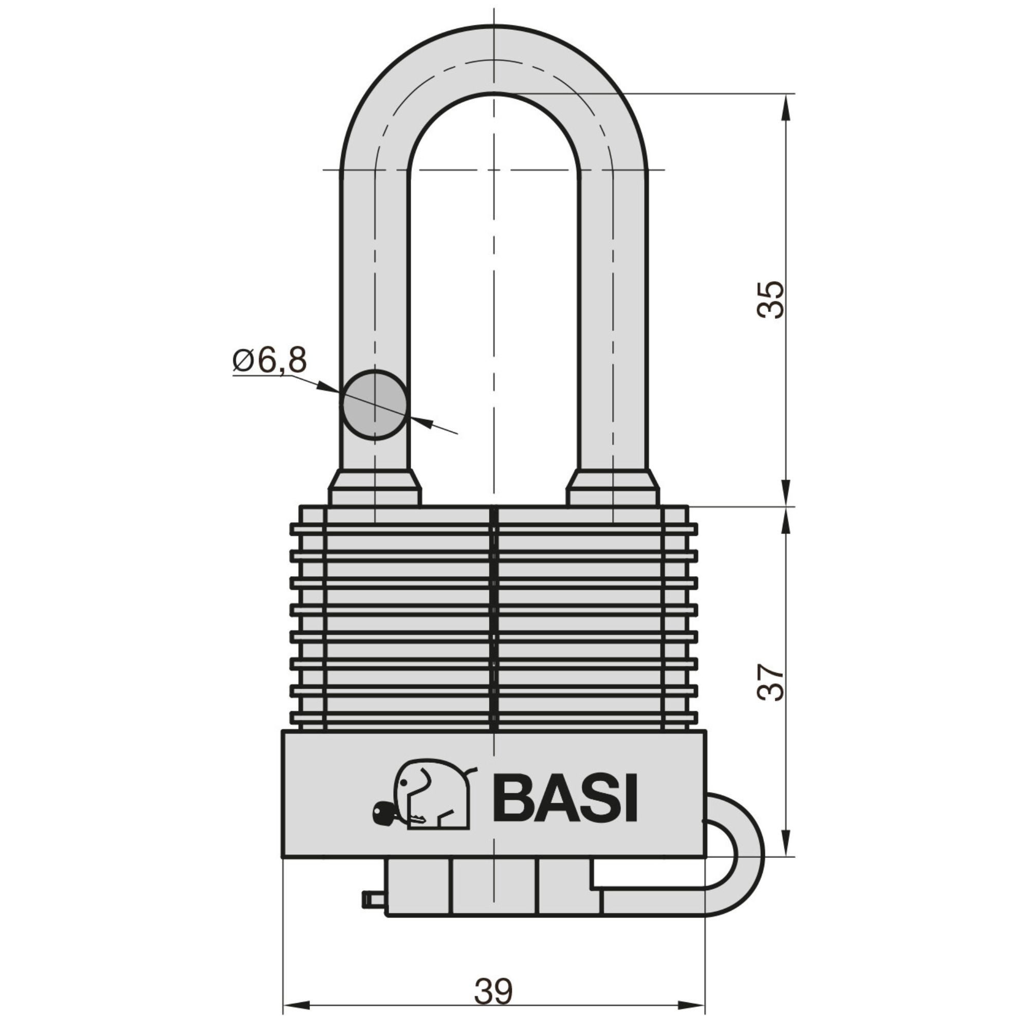 BASI Vorhängeschloss Outdoor-Schloss, (Packung, 1-tlg), hoher Bügel, B39 mm, Kunststofflammellen, Schutzkappe, wetterfest