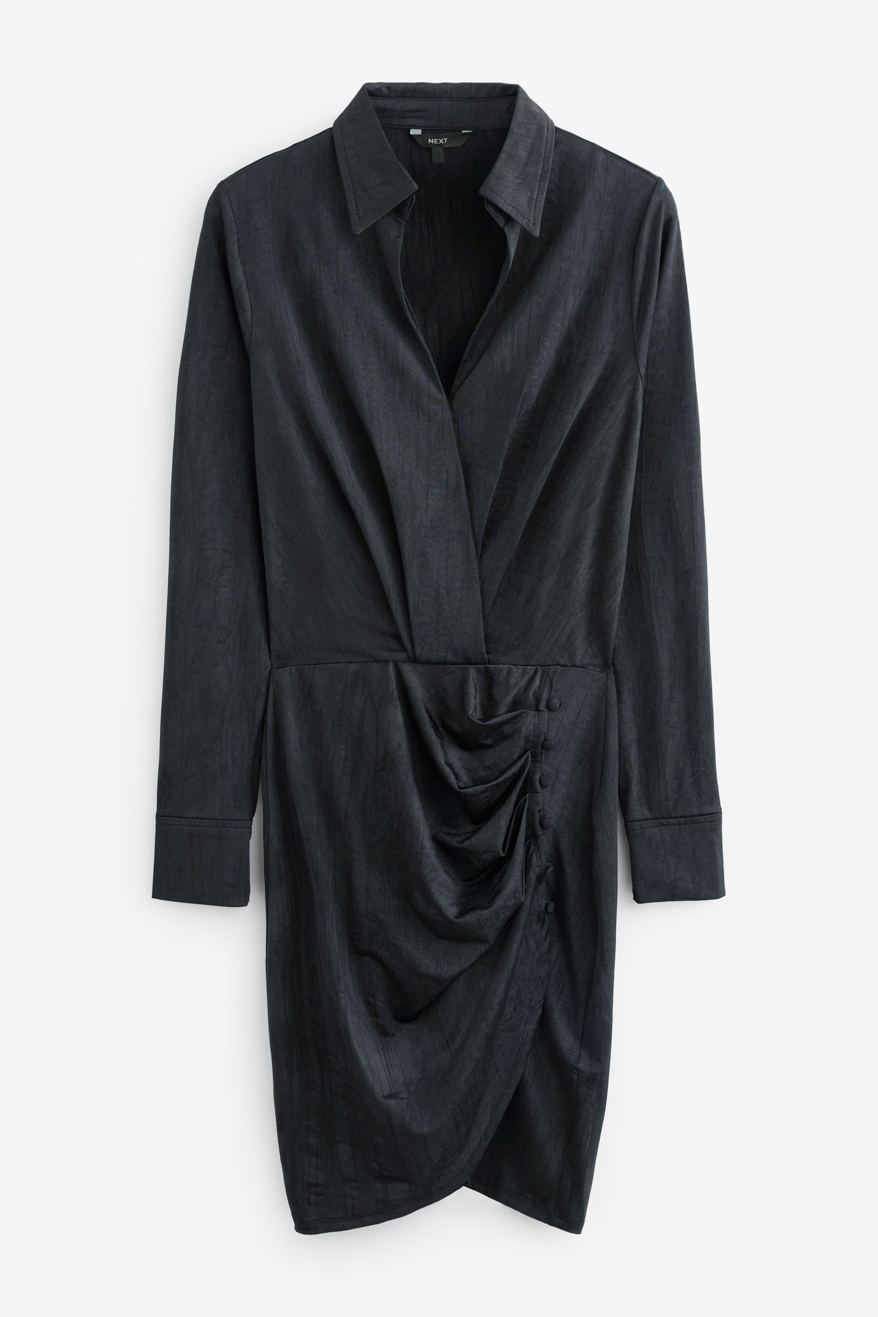 Next Satinkleid Langärmeliges Mini-Hemdkleid aus Satin (1-tlg) Black