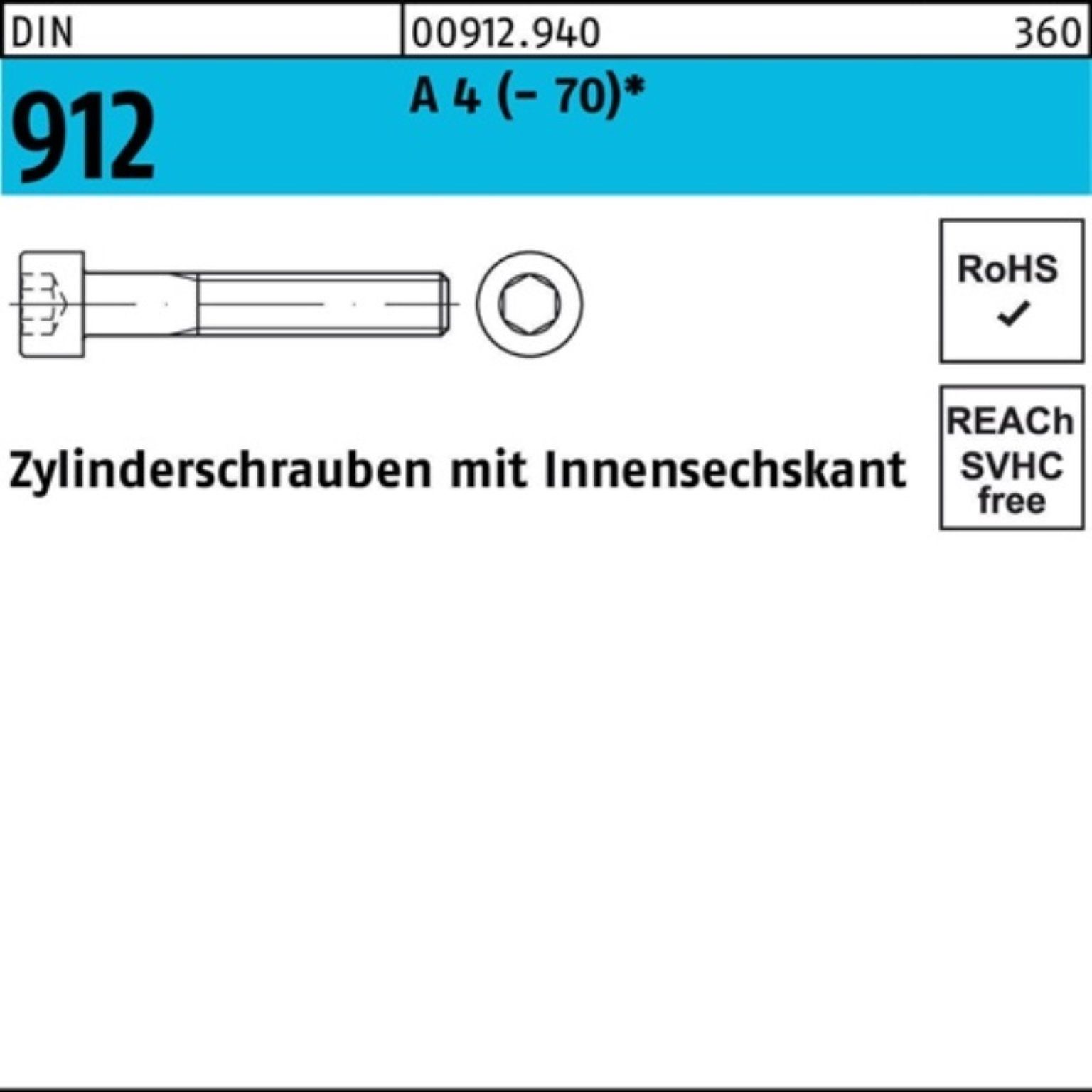 Reyher Zylinderschraube 100er Pack Zylinderschraube DIN 912 Innen-6kt M20x 100 A 4 (70) 1 St | Schrauben