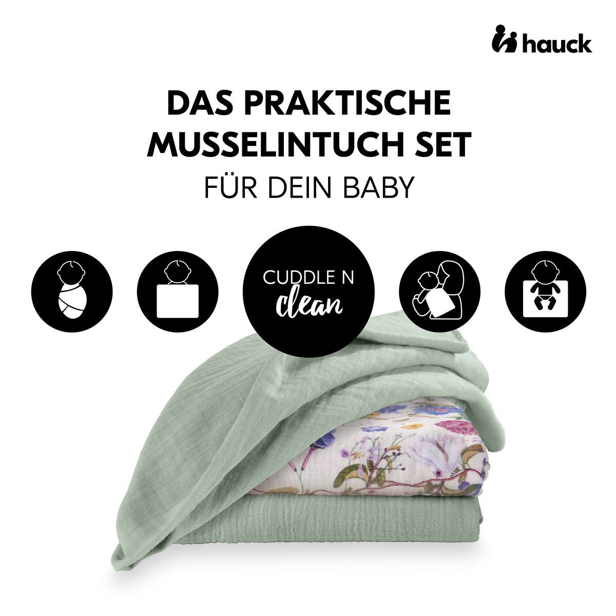 Hauck Stoffwindeln Cuddle N Clean - Sage / Beige / Floral, Mullwindeln Mulltücher 3 Stück 80x80 cm Spucktücher maschinenwaschbar