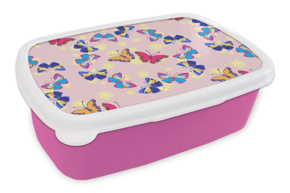 MuchoWow Lunchbox Mädchen - Schmetterling - Insekten - Muster - Mädchen - Kinder -, Kunststoff, (2-tlg), Brotbox für Erwachsene, Brotdose Kinder, Snackbox, Mädchen, Kunststoff rosa