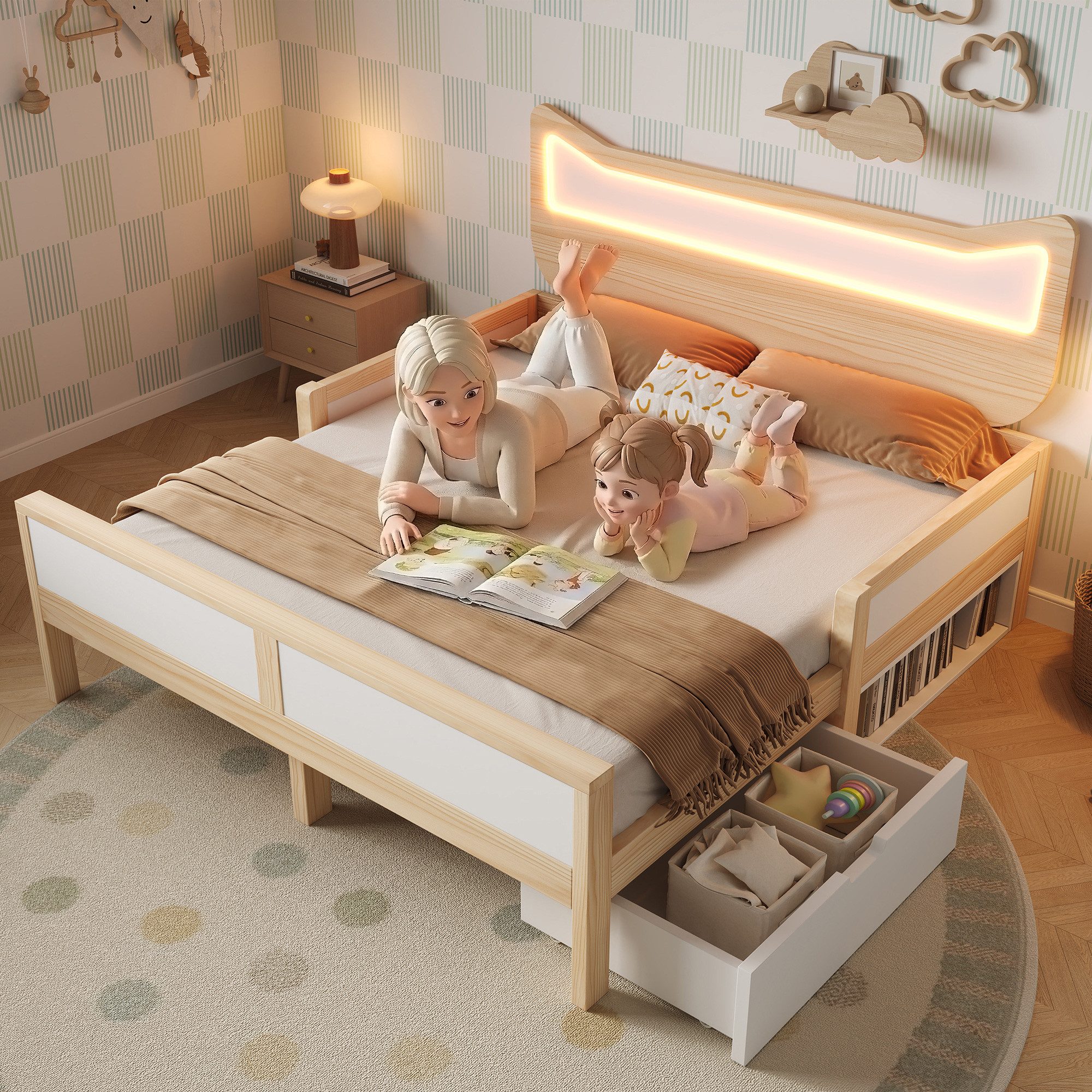 MODFU Kinderbett LED-Beleuchtung, Stauraum & Schutzgitter (Packung, 1-tlg., 140x200 cm Hausbett mit Katzenohren-Kopfteil), Inklusive Lattenrost, Farbe Weiß/Eiche(ohne Matratze)