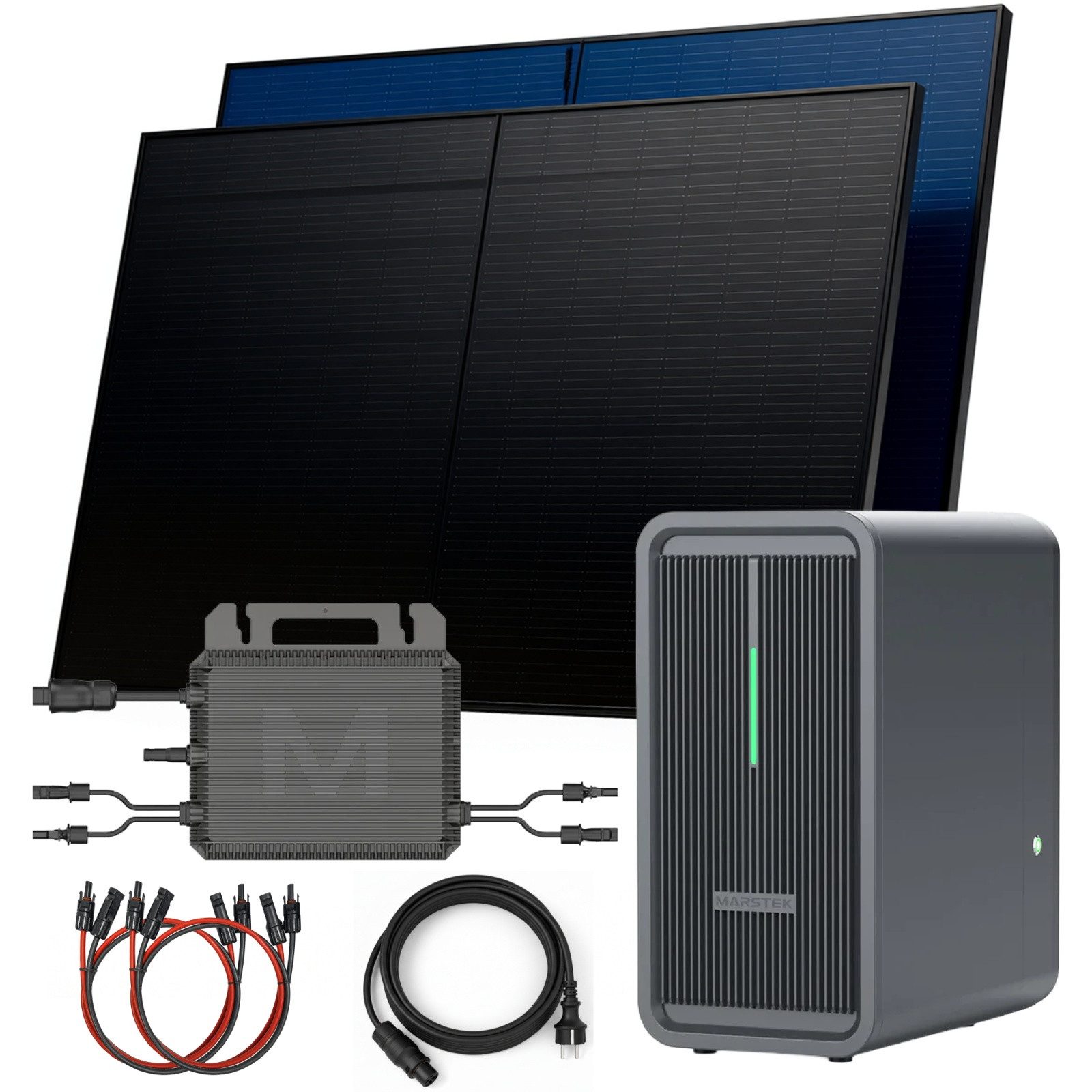 SUNNIVA Balkonkraftwerk 1000W mit 2,24 kWh Speicher MARSTEK B2500-D, (BIFAZIAL FULLBLACK komplett Steckdose, PV Solaranlage Komplettset mit Solarspeicher, 2x 500W N-Type Glas-Bifacial Module) von SUNNIVA