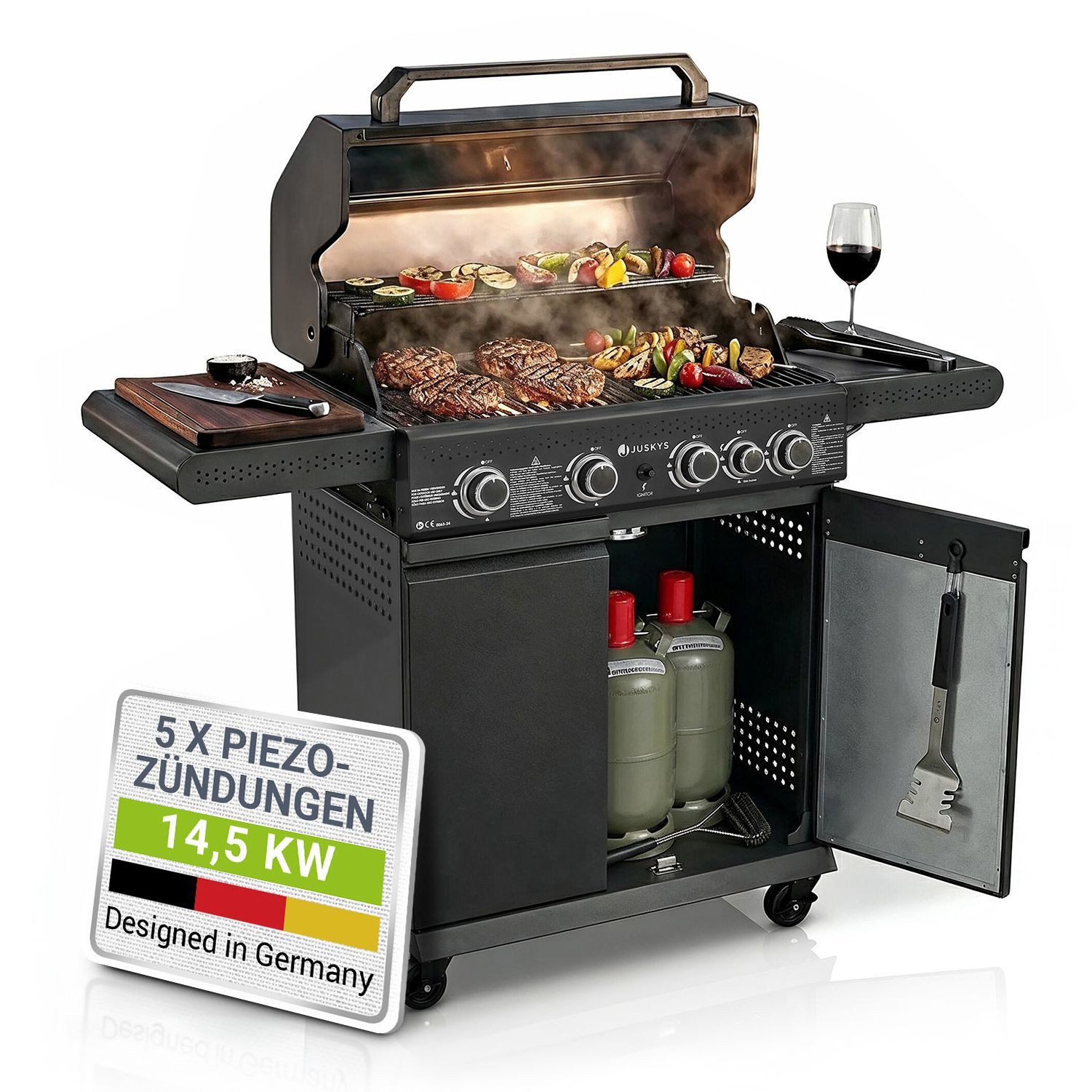 Juskys Gasgrill Savannah, 4+1 Brenner, 14,5 kW, Gusseisen Rost, Thermometer, Seitenablagen
