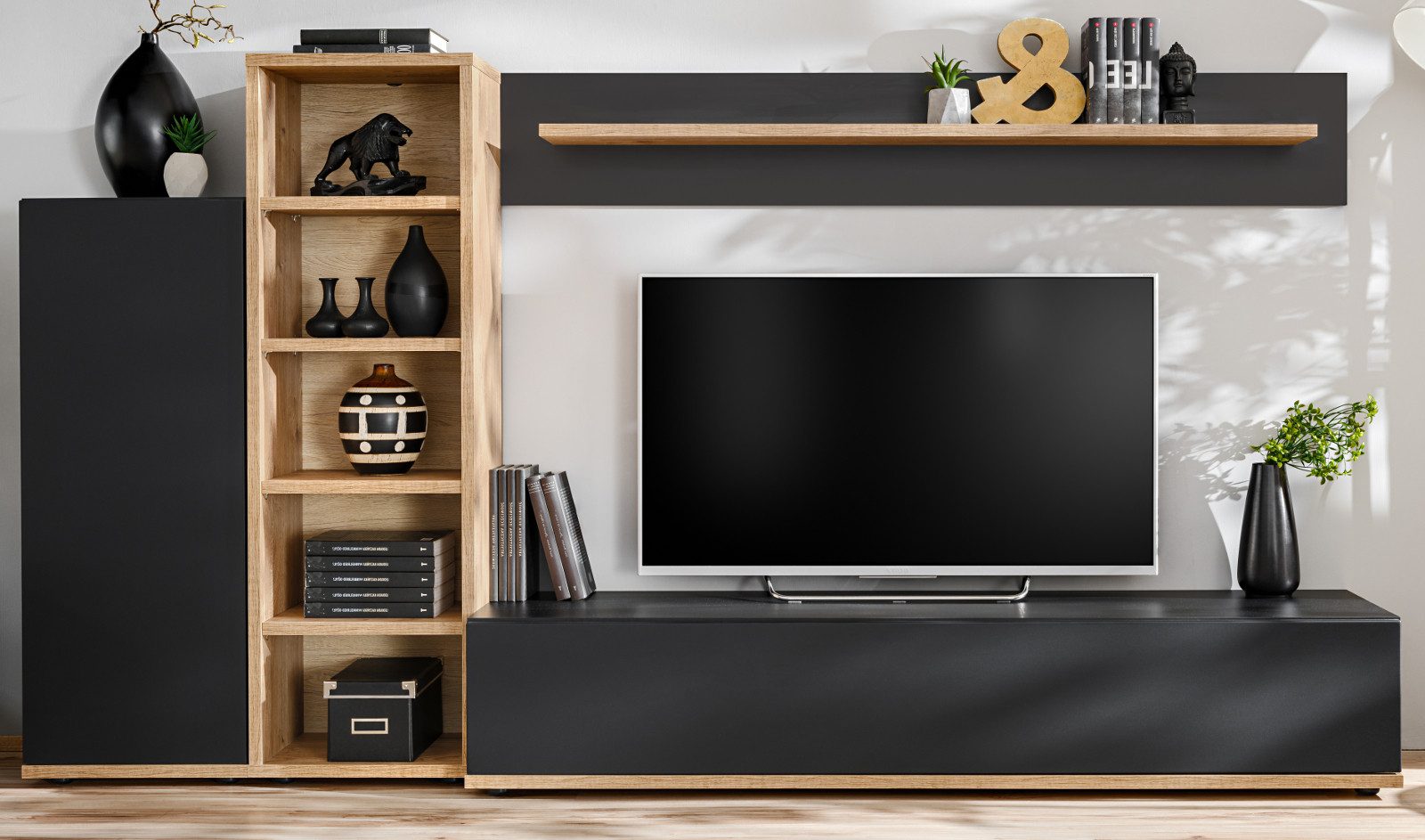 Inn.Furn Wohnwand Lester, (Schrankwand in Schwarz mit Wotan Eiche, 3-teilig, 240 x 130 cm)