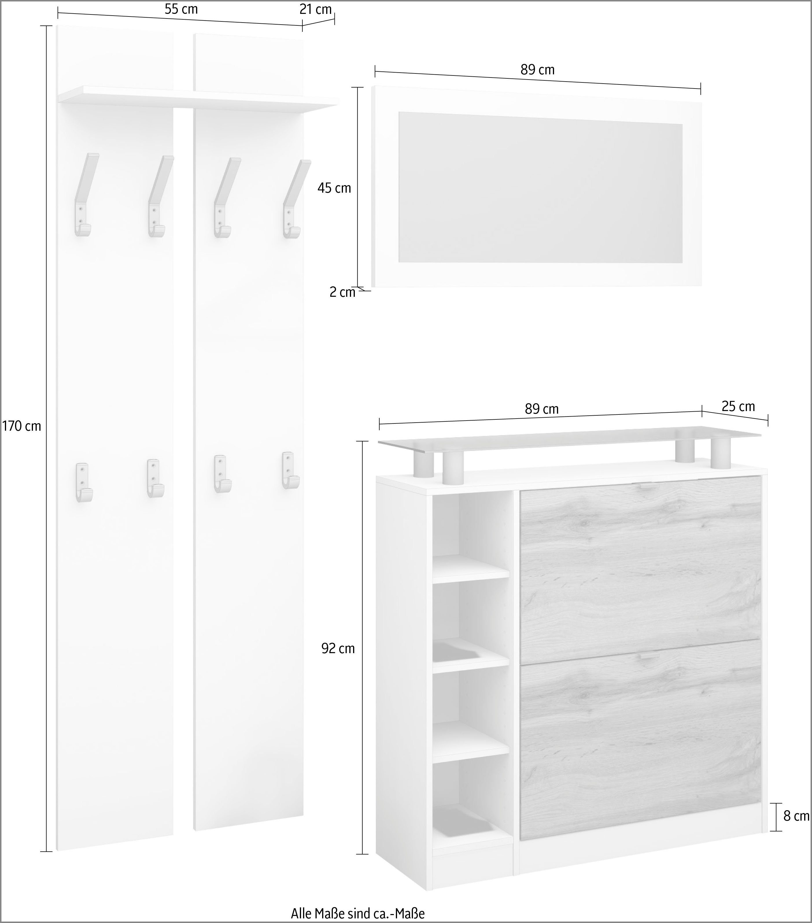 (Set, 3-St), mit borchardt weiß Glasablage Garderoben-Set Dolly, HG Möbel matt/graphit