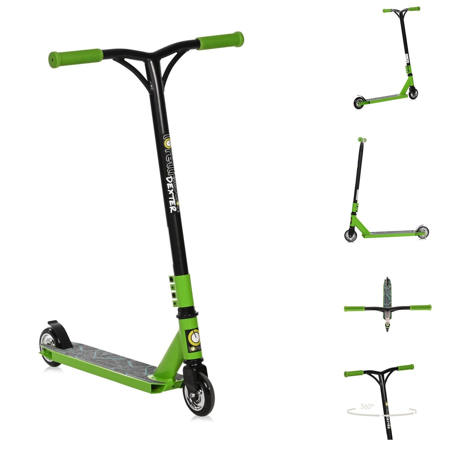 Lorelli Cityroller Bremse Aluminium, Lenker Grad grün PU-Räder, 360 Kinderroller drehbar, Dexter