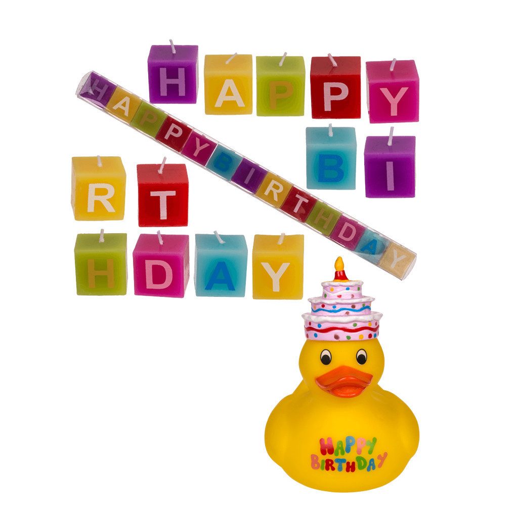 what the shop Geburtstagskerze Happy Birthday Geschenkset – Quietsche-Ente & Kerzenblock 13-tlg., Farbenfrohe Deko für jede Geburtstagsfeier