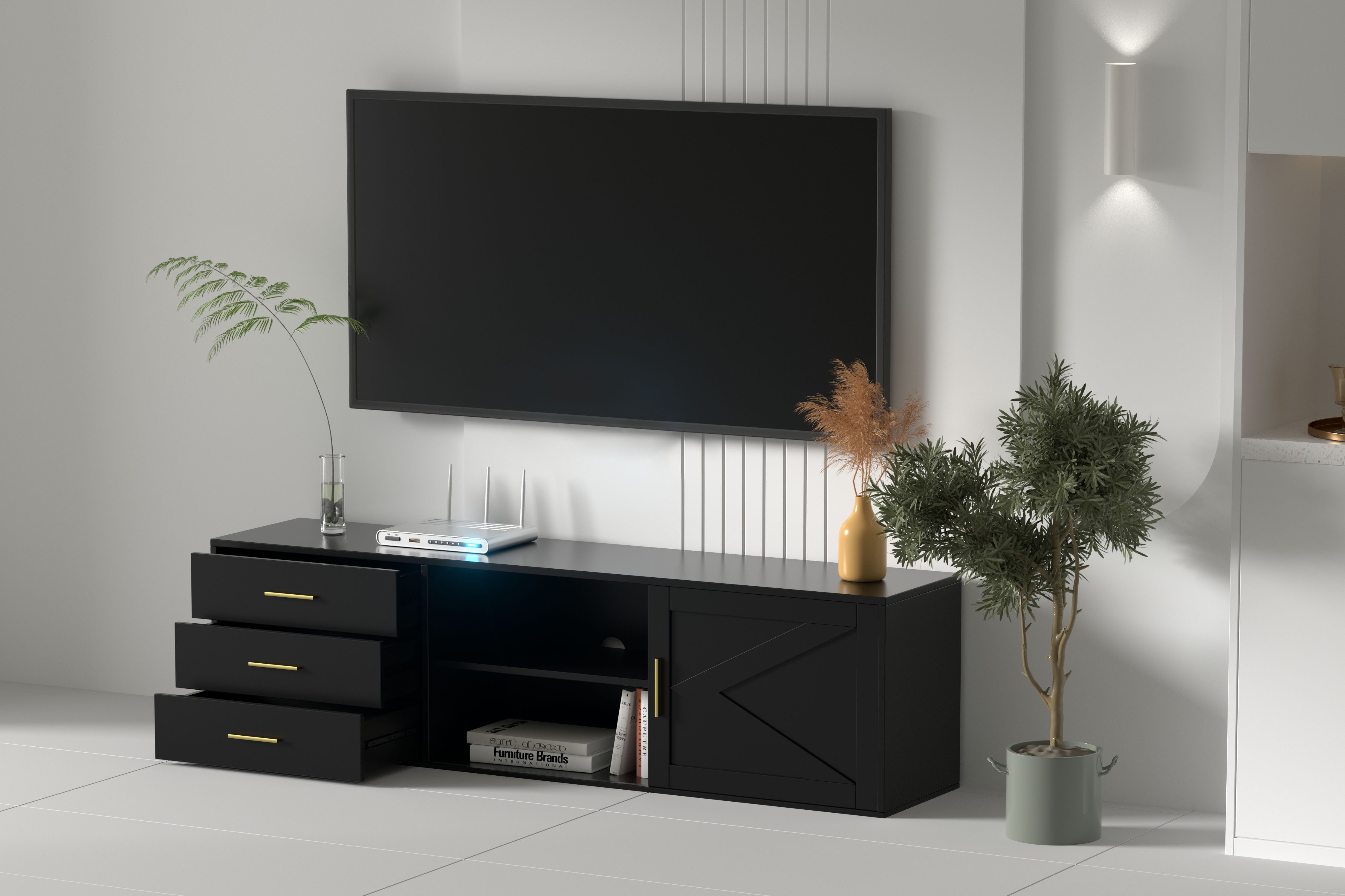 HOMAVO Lowboard TVG1-S mit 3 Schubladen & Schiebetür, 160 cm (FSC®, viel Stauraum, pflegeleicht), TV-Schrank mit viel Stauraum, TV-Board, TV-Möbel, 160 × 45 × 35 cm