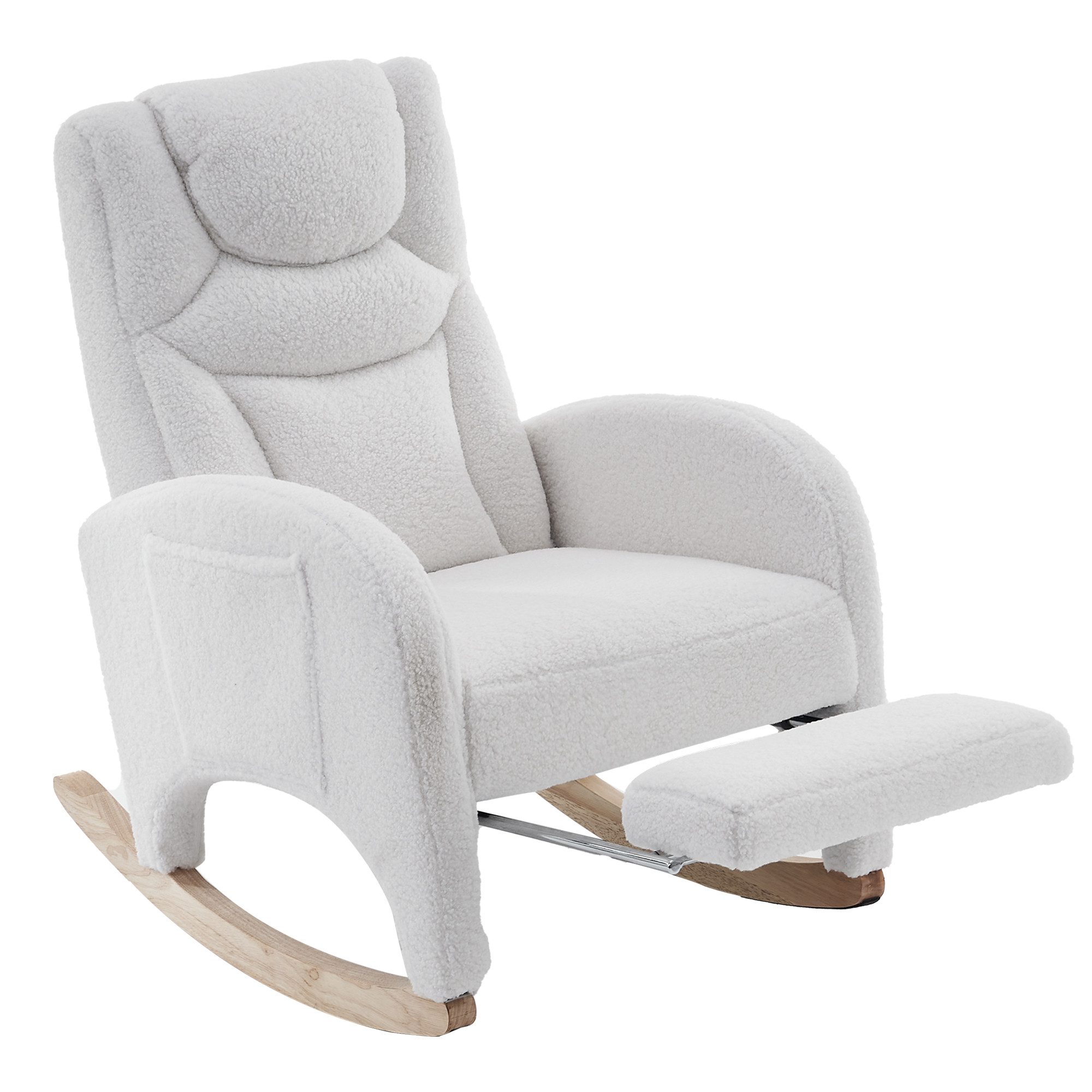 DEKKETO Schaukelstuhl Teddy, Schaukelsessel mit Kopfstütze, Fußstütze und Hocker (1 St), großer Relax Stillstuhl Wohnzimmer, Stillstuhl mit Seitentasche