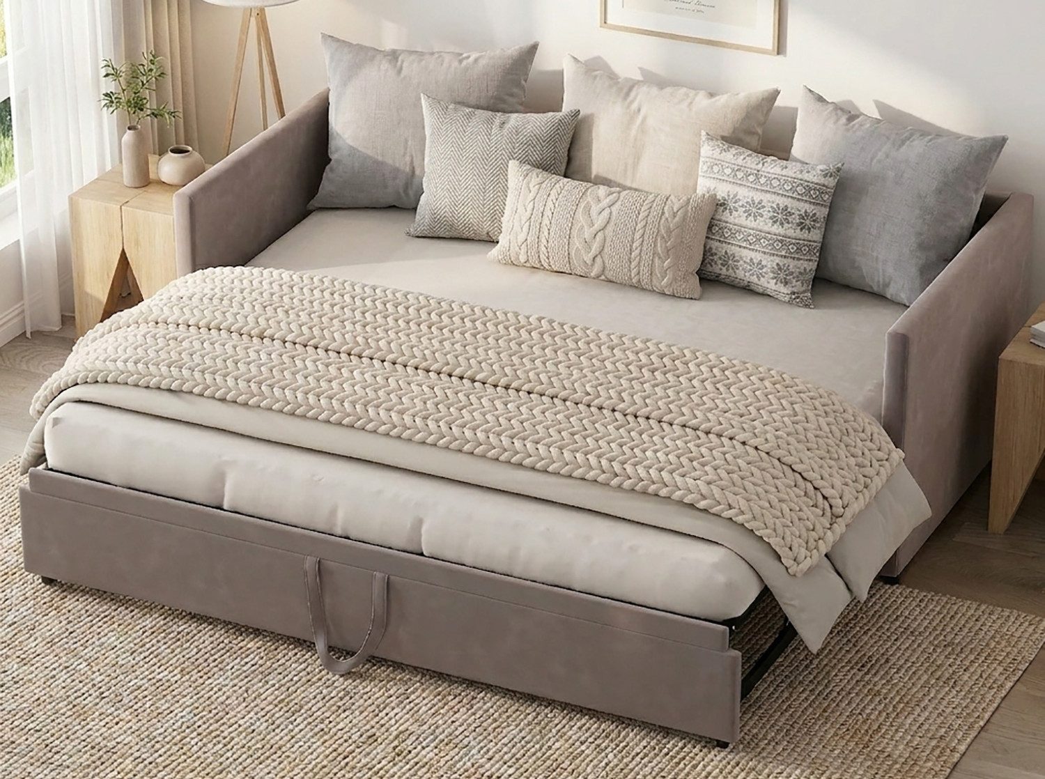 FUROKOY Polsterbett Daybett Tagesbett Schlafsofa Ausziehbares mit Bettfunktion (Packung, 1-tlg., Ausziehbarer Bettrahmen), 90x200 cm/180x200 cm,Gepolstert,Grau,Samt,Multifunktionsbett