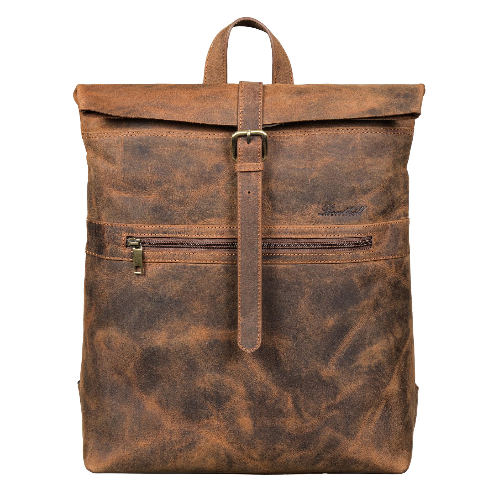 Benthill Rucksack Echt Leder Rucksack Damen Herren Rolltop Fahrradrucksack Backpack, Reißverschlussfach