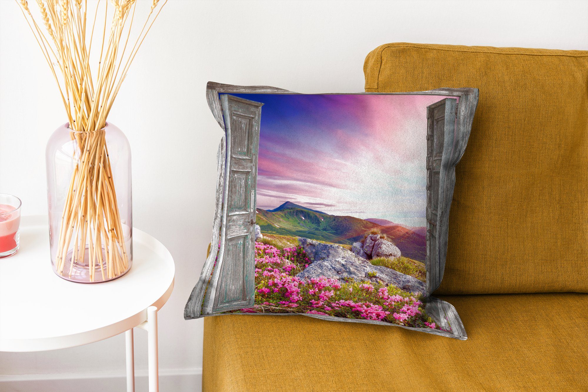 Landschaft Deko, Sofakissen Dekokissen - mit Füllung Schlafzimmer, Berge Blumen, für Zierkissen - MuchoWow - Wohzimmer, Aussicht