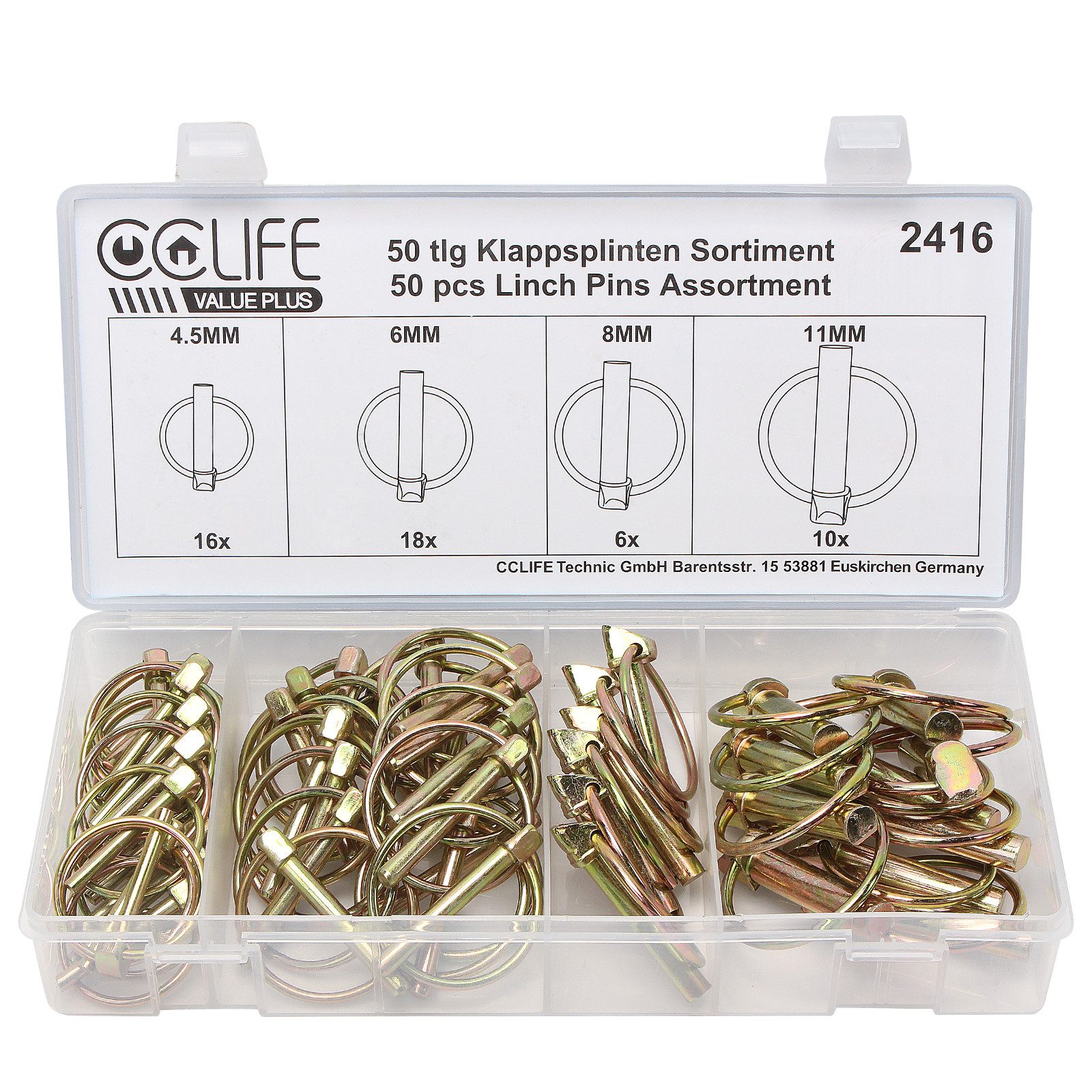 CCLIFE Klappsplint  Klappstecker 50 tlg Klappsplinte Sortiment Bolzen 4,5-6-8-11mm, (Packung, 50-tlg)