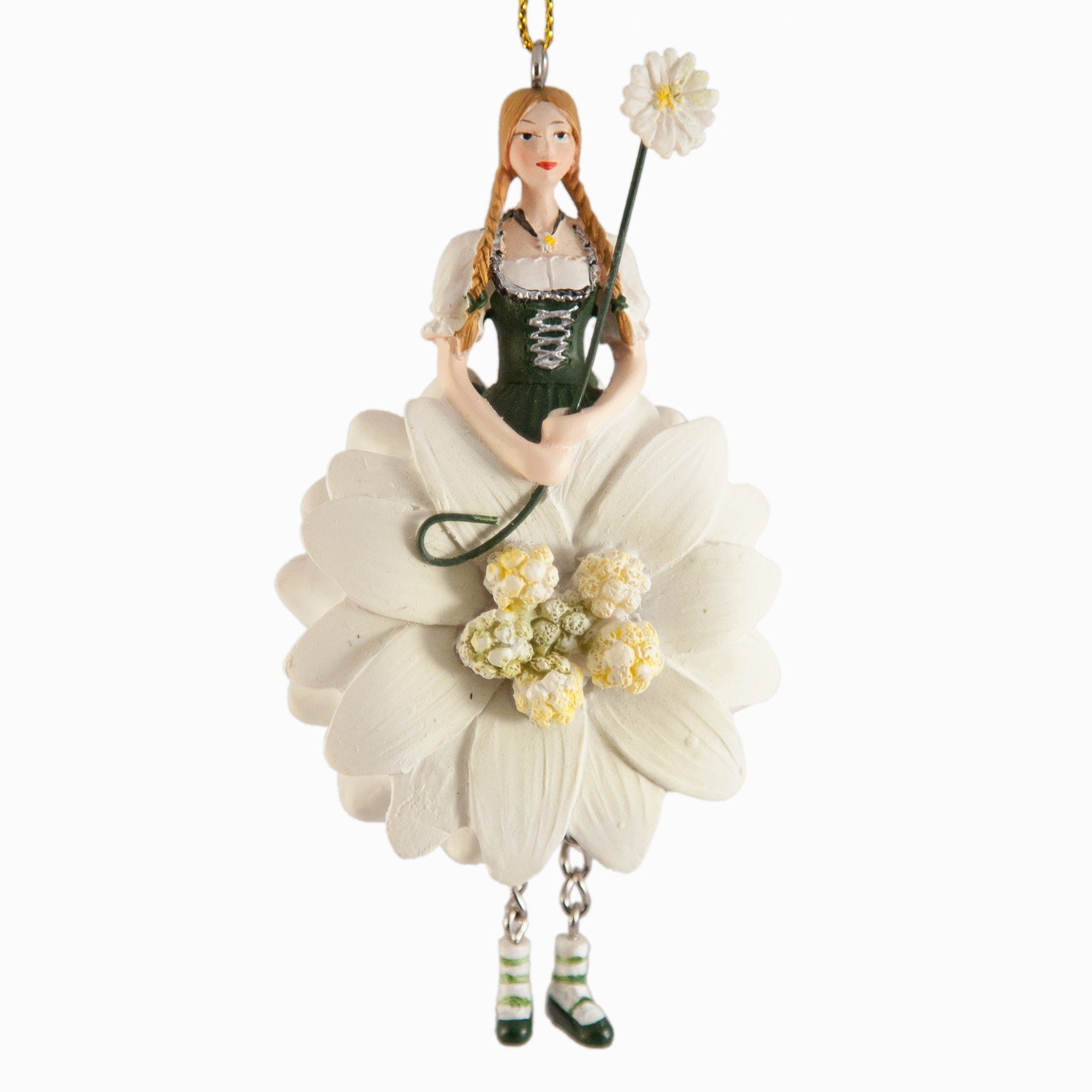 ROSEMARIE SCHULZ Heidelberg Dekofigur Dekohänger Blumenmädchen aus Kunstblume Deko-Objekt, Edelweiss Handbemalte Polyresin Figur