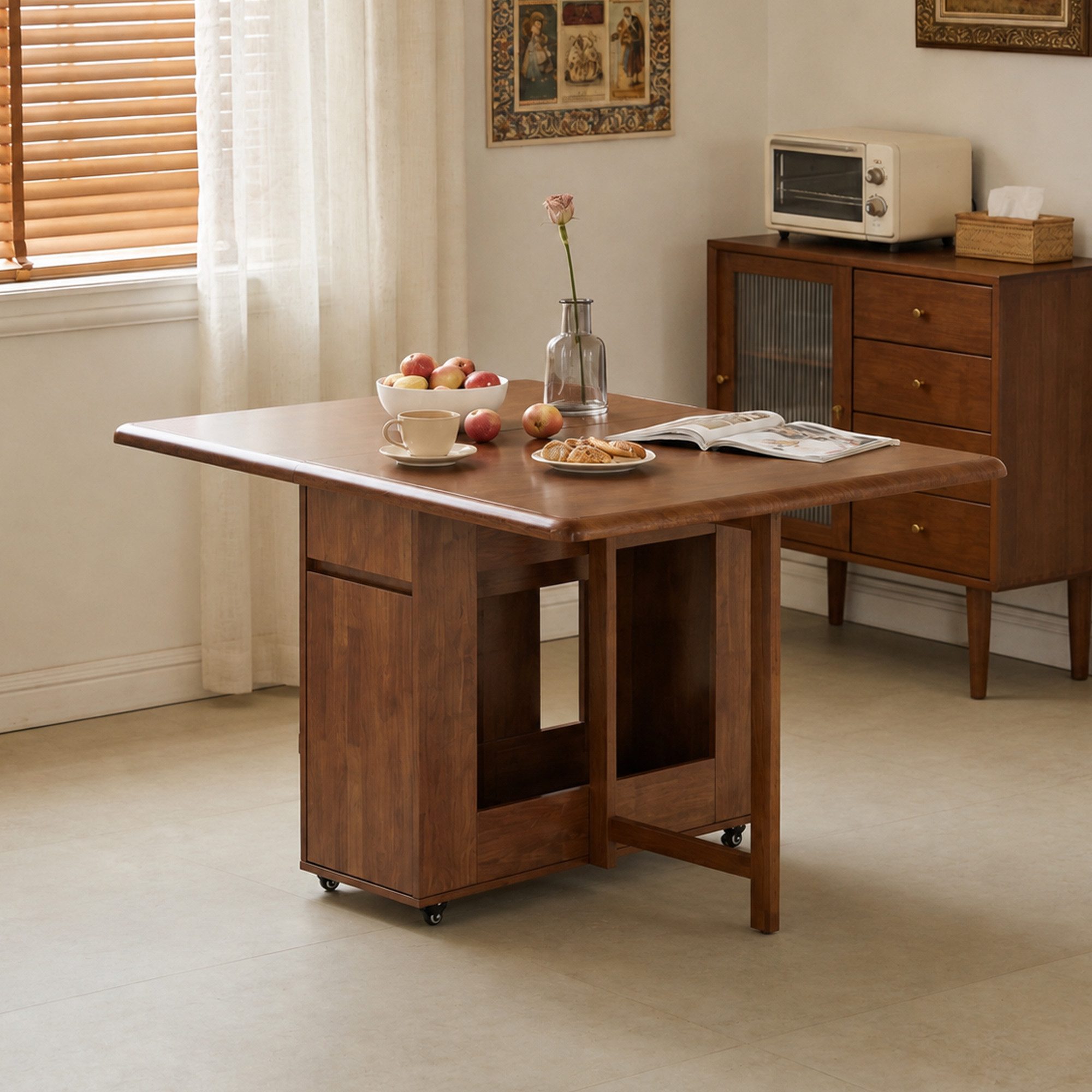 oleyluckidea Esstisch klappbar Massivholz Klapptisch 130 cm mit Stauraum & Rollen Nussbaum (4-St., ein Esstisch), Breite 13Ocm – Bild 4 von 5